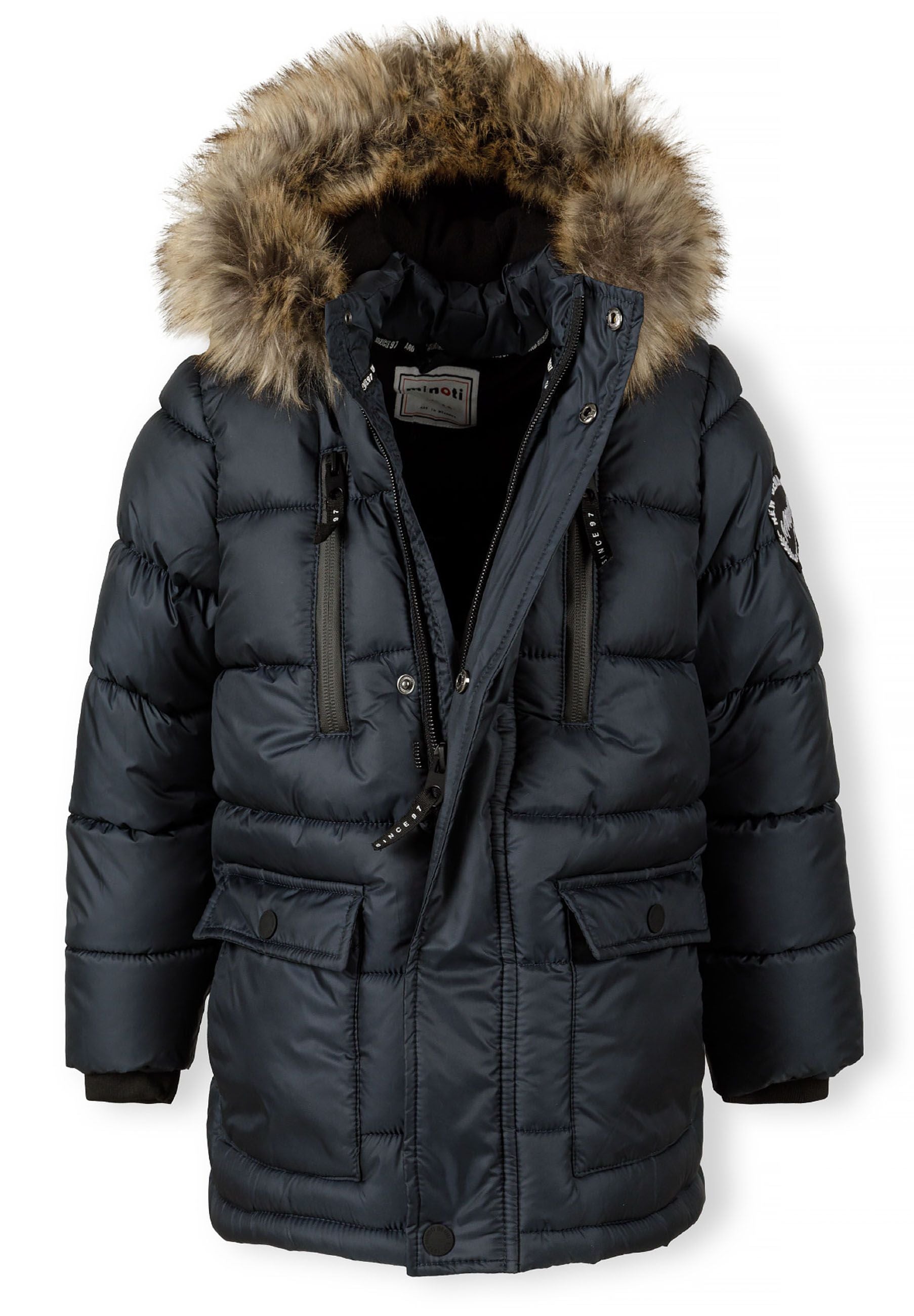 Boys navy jacket with detachable fur hood, front view, featuring zip closure and side pockets.