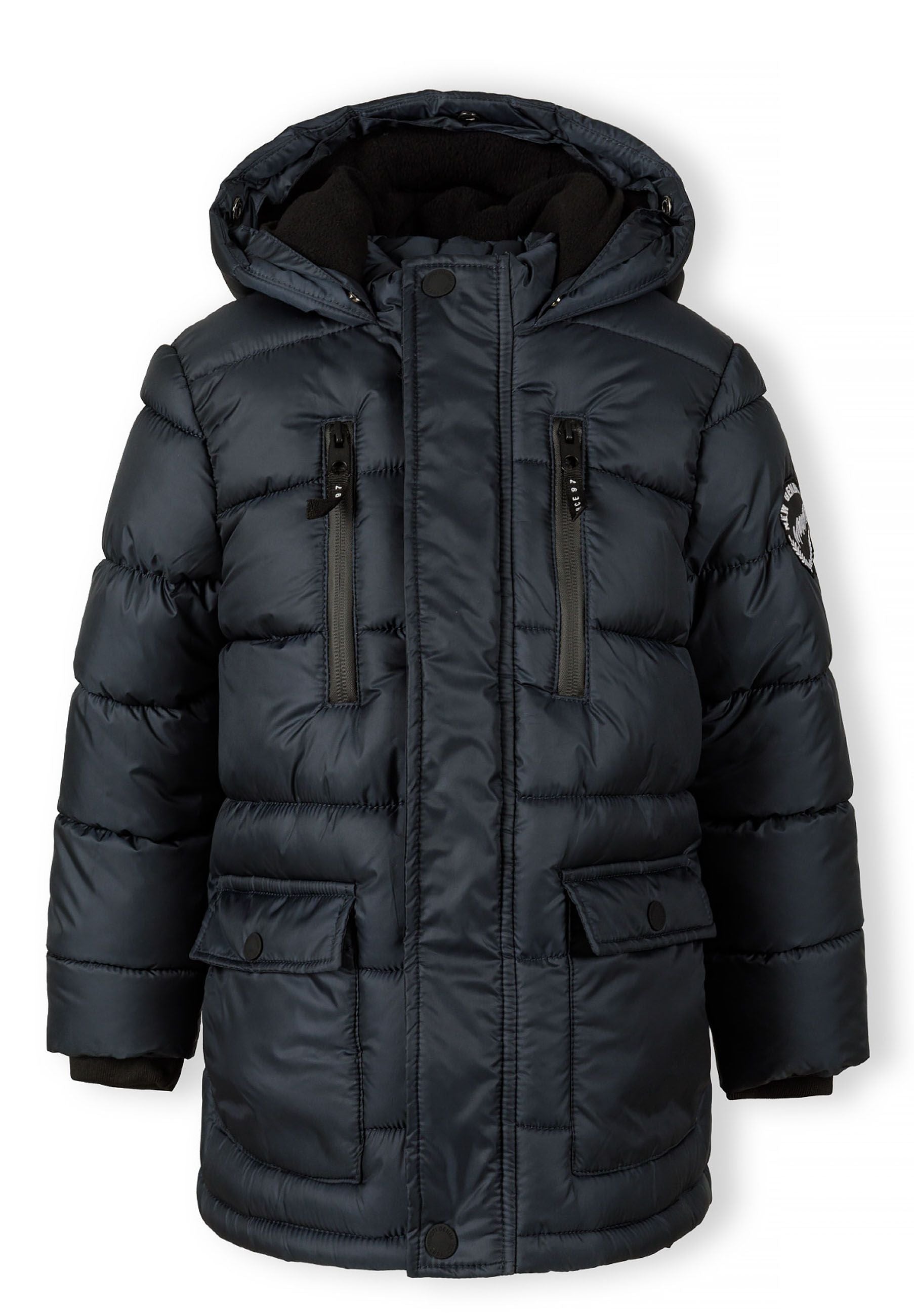 Boys navy jacket with detachable hood, zip closure, and fleece-lined pockets.