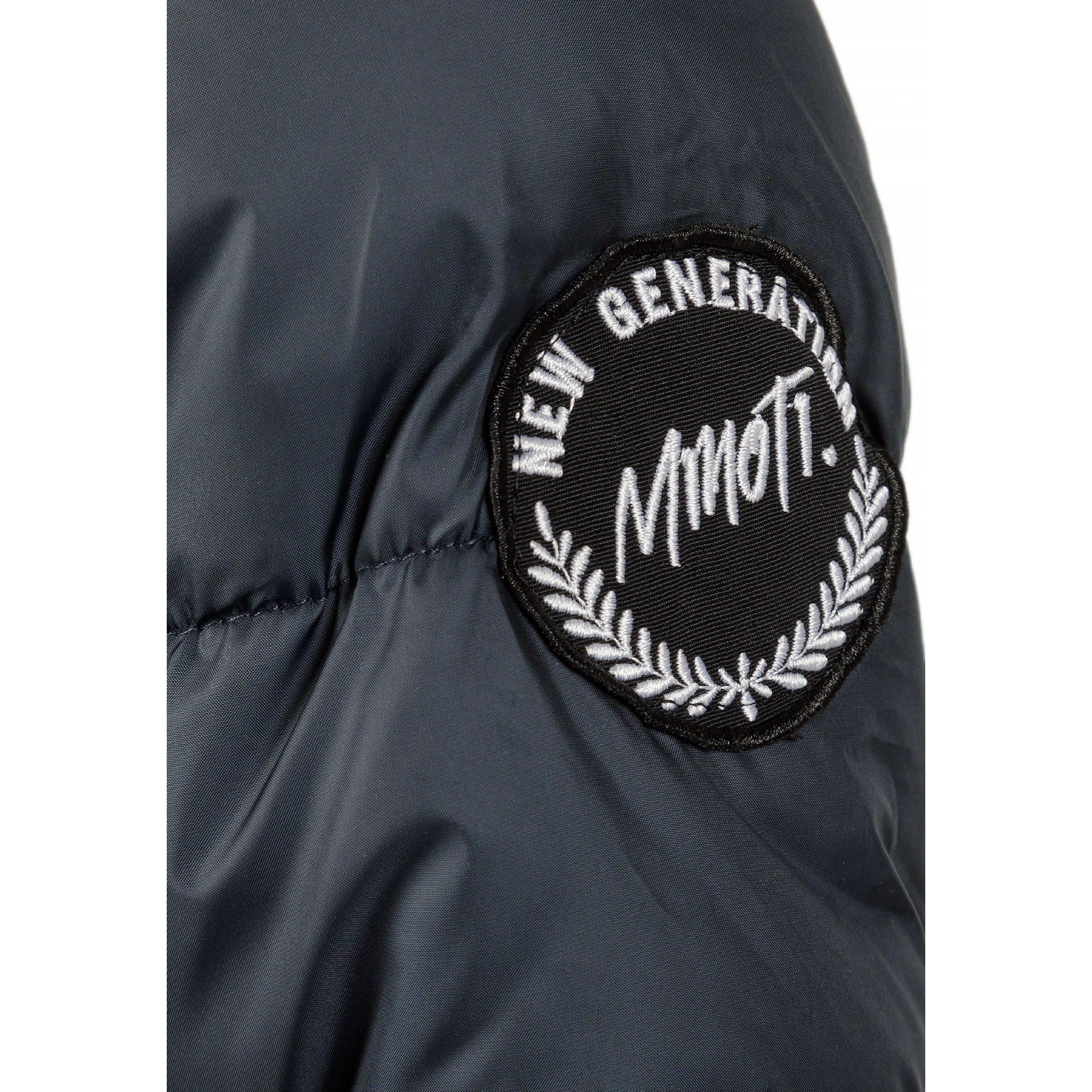 Close-up detail of navy jacket pocket with snap button closure and quilted stitching pattern