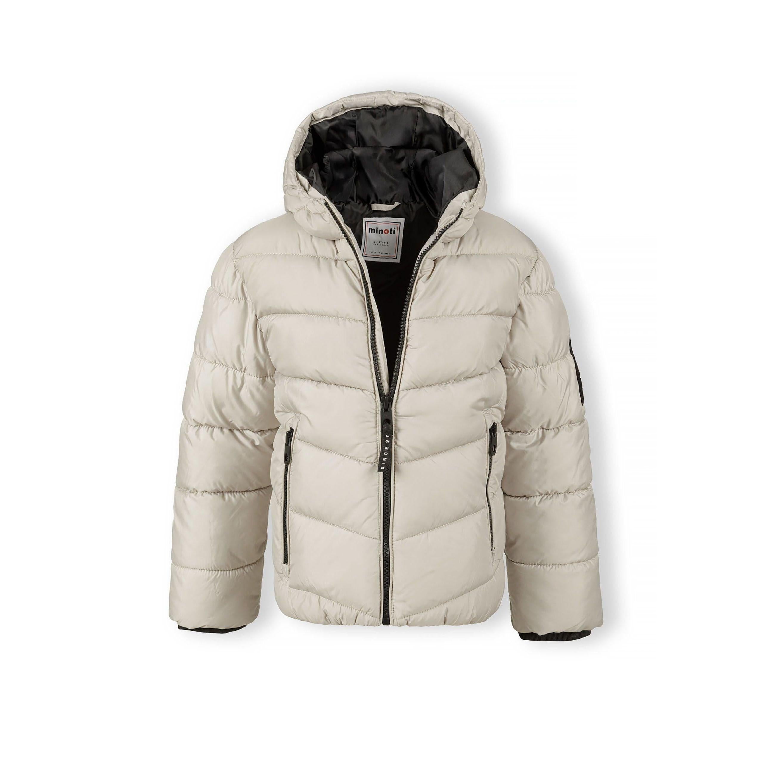Grey quilted jacket laid flat showing chevron pattern, black hood lining and front zip closure