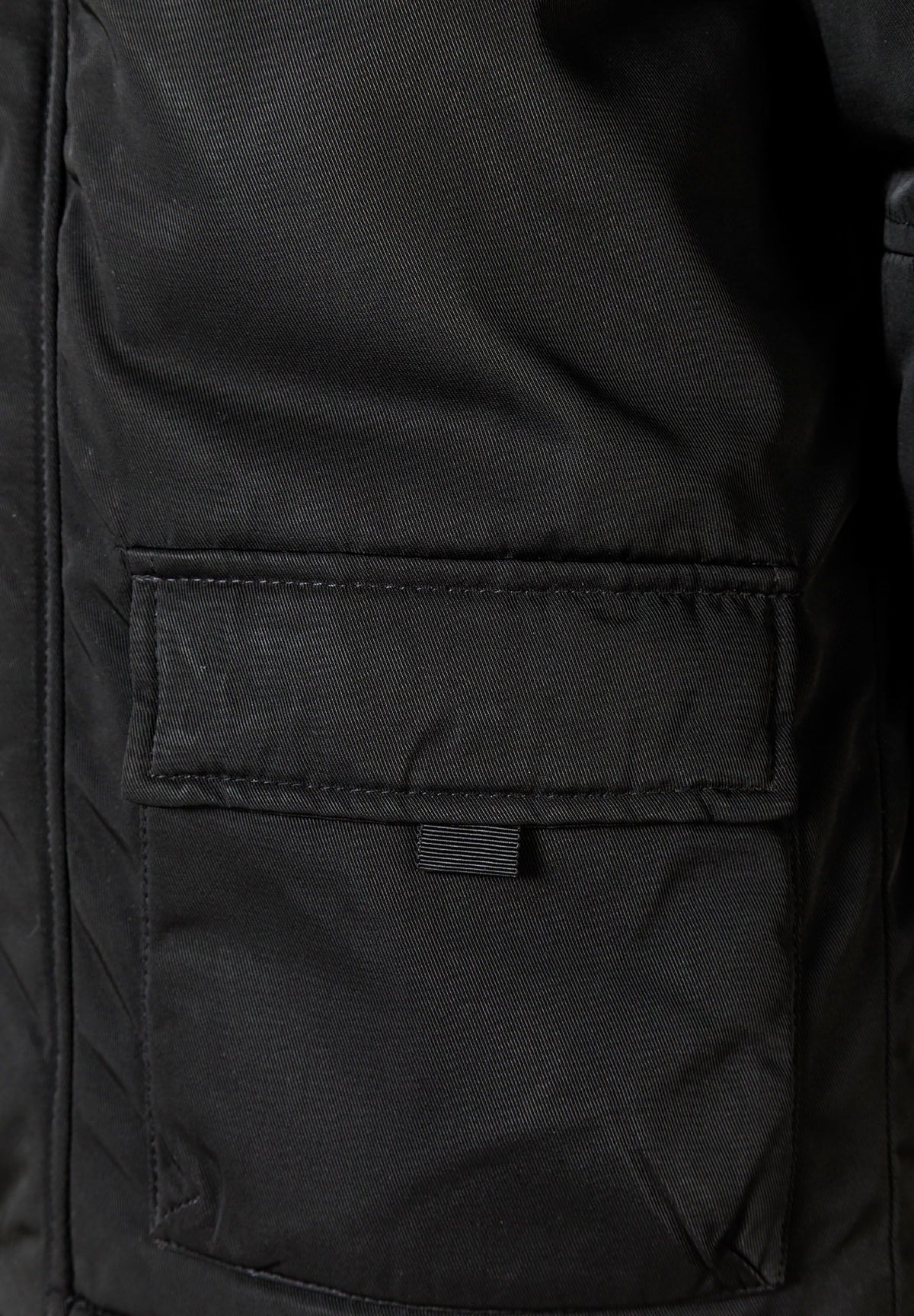 Front of the black parka, pocket detail.