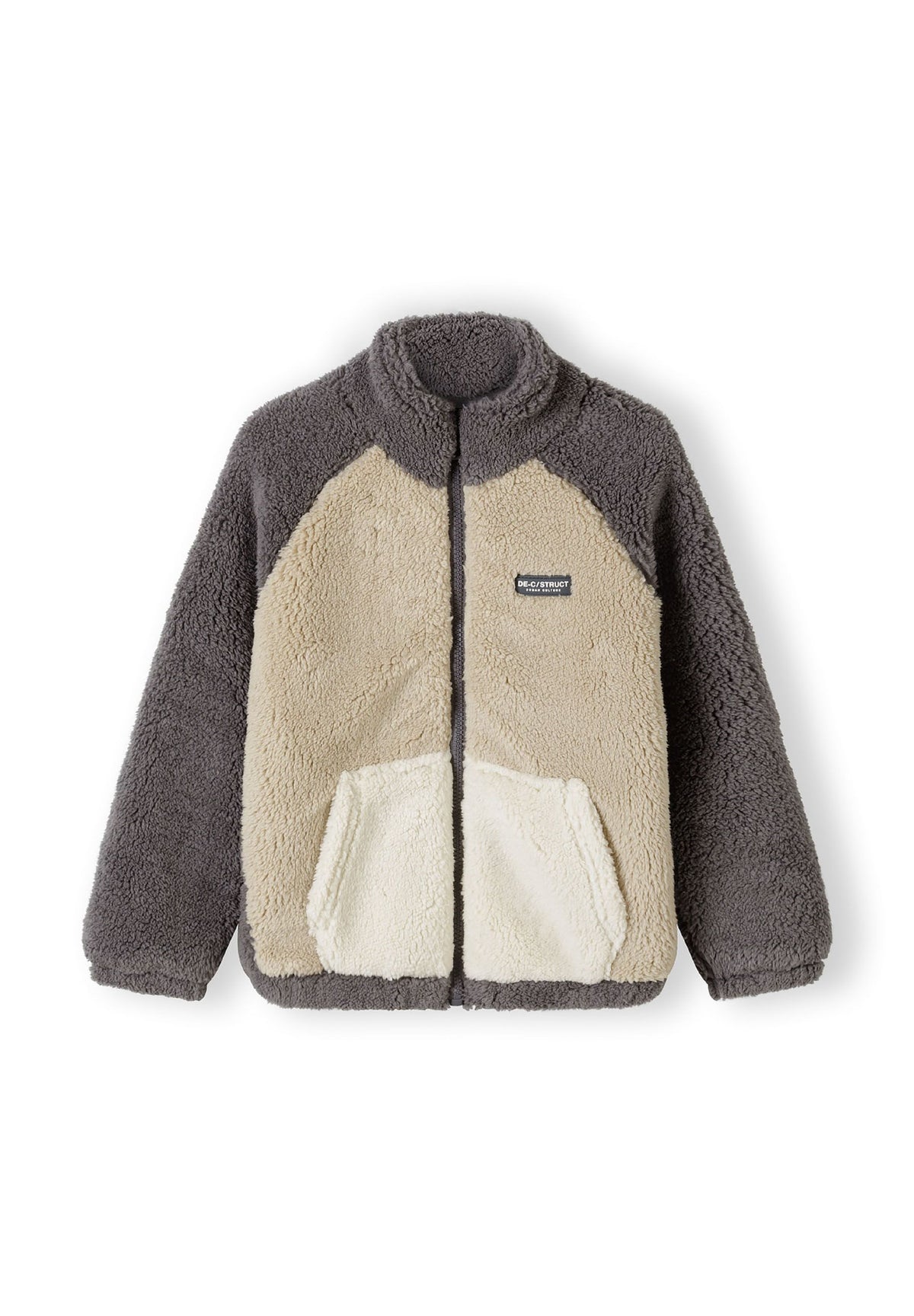 Front of a grey teddy jacket.