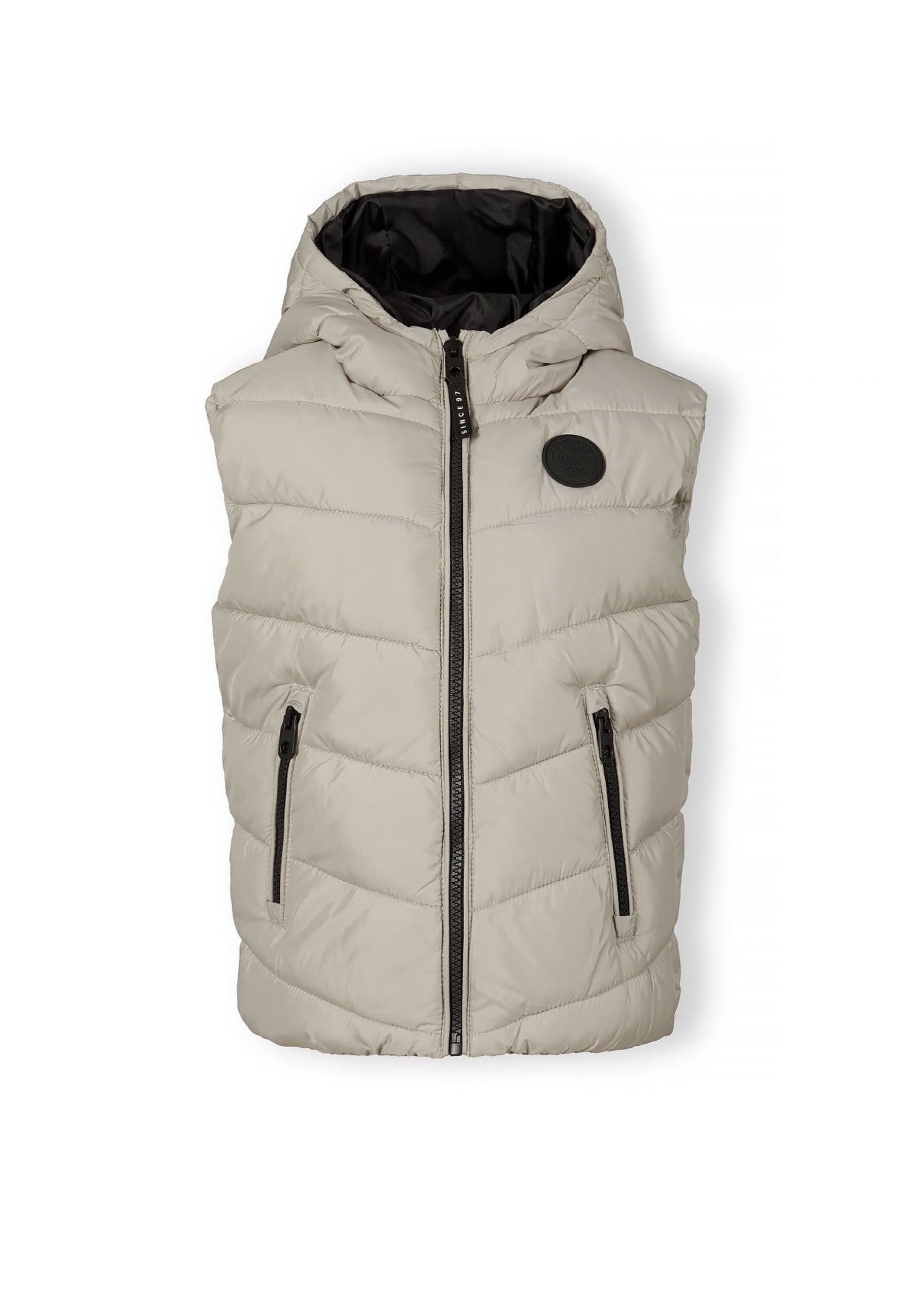 Boys grey gilet with fixed hood, full-length zip, and contrast zipped pockets.
