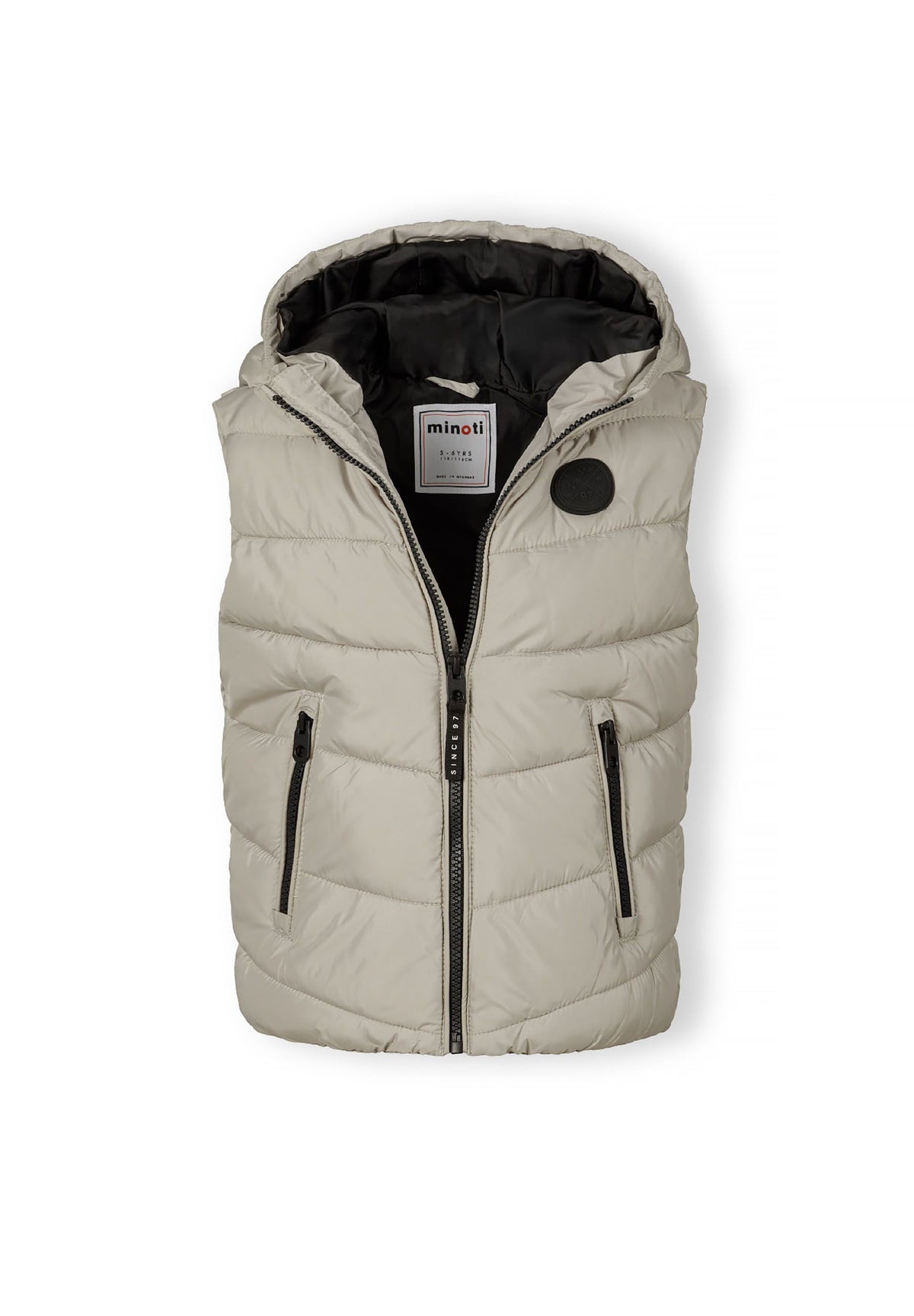 Light grey padded gilet, open front.