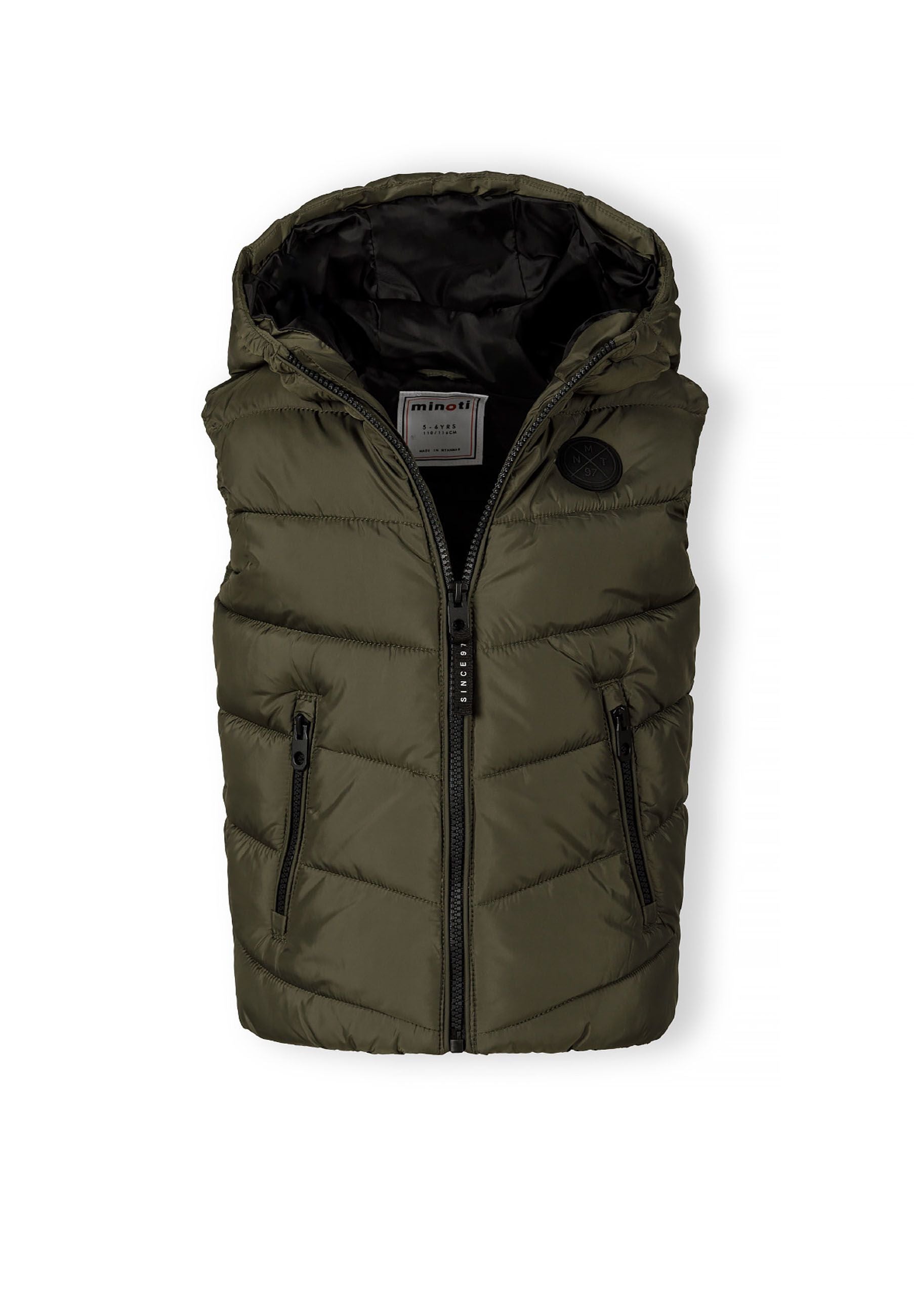 Boys khaki gilet with fixed hood, full-length zip, and chest badge.