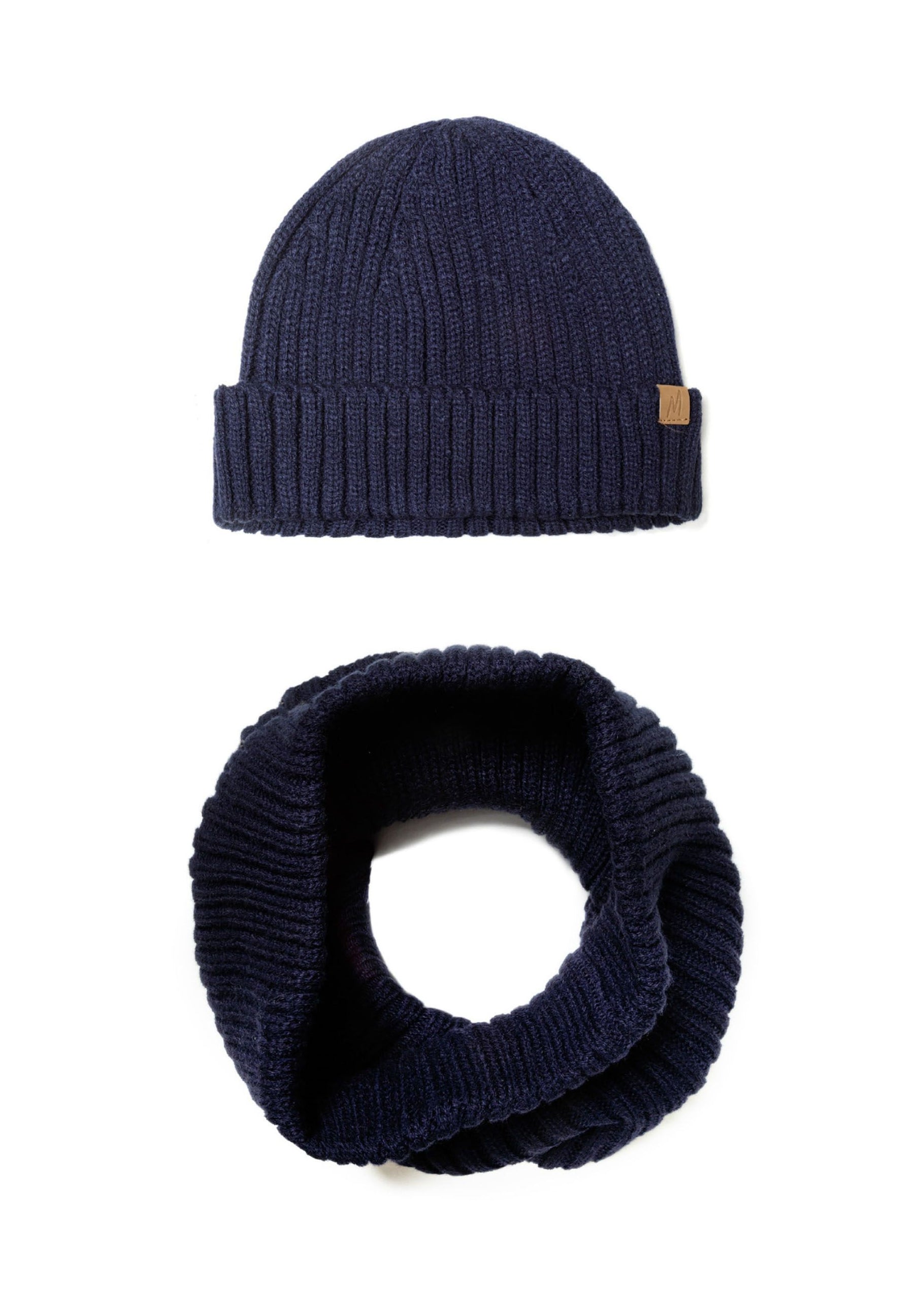 Boys ribbed navy beanie and snood set, front view, features fold-over brim and seamless neck coverage.