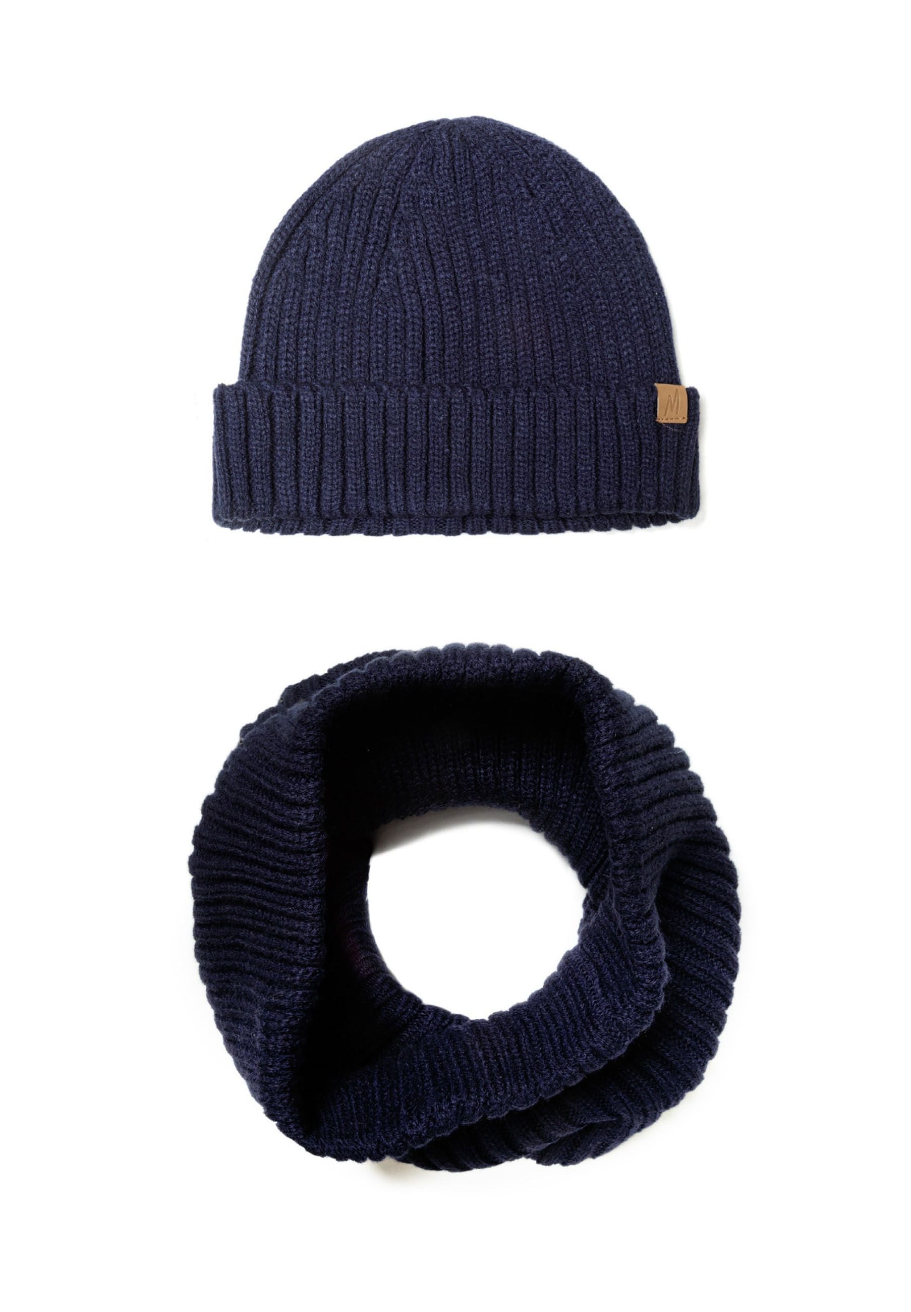 Boys ribbed navy beanie and snood set, front view, features fold-over brim and seamless neck coverage.