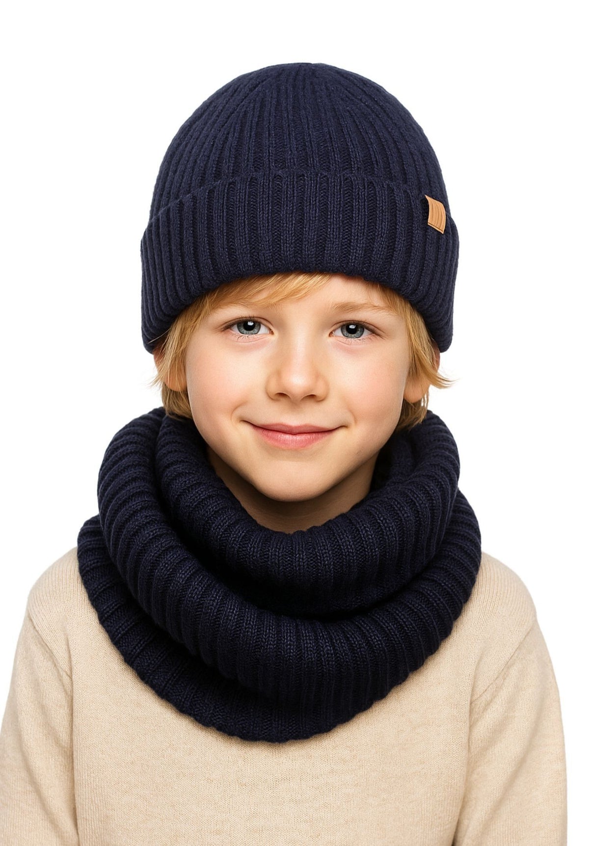 Navy hat and snood set, hat and snood worn front.