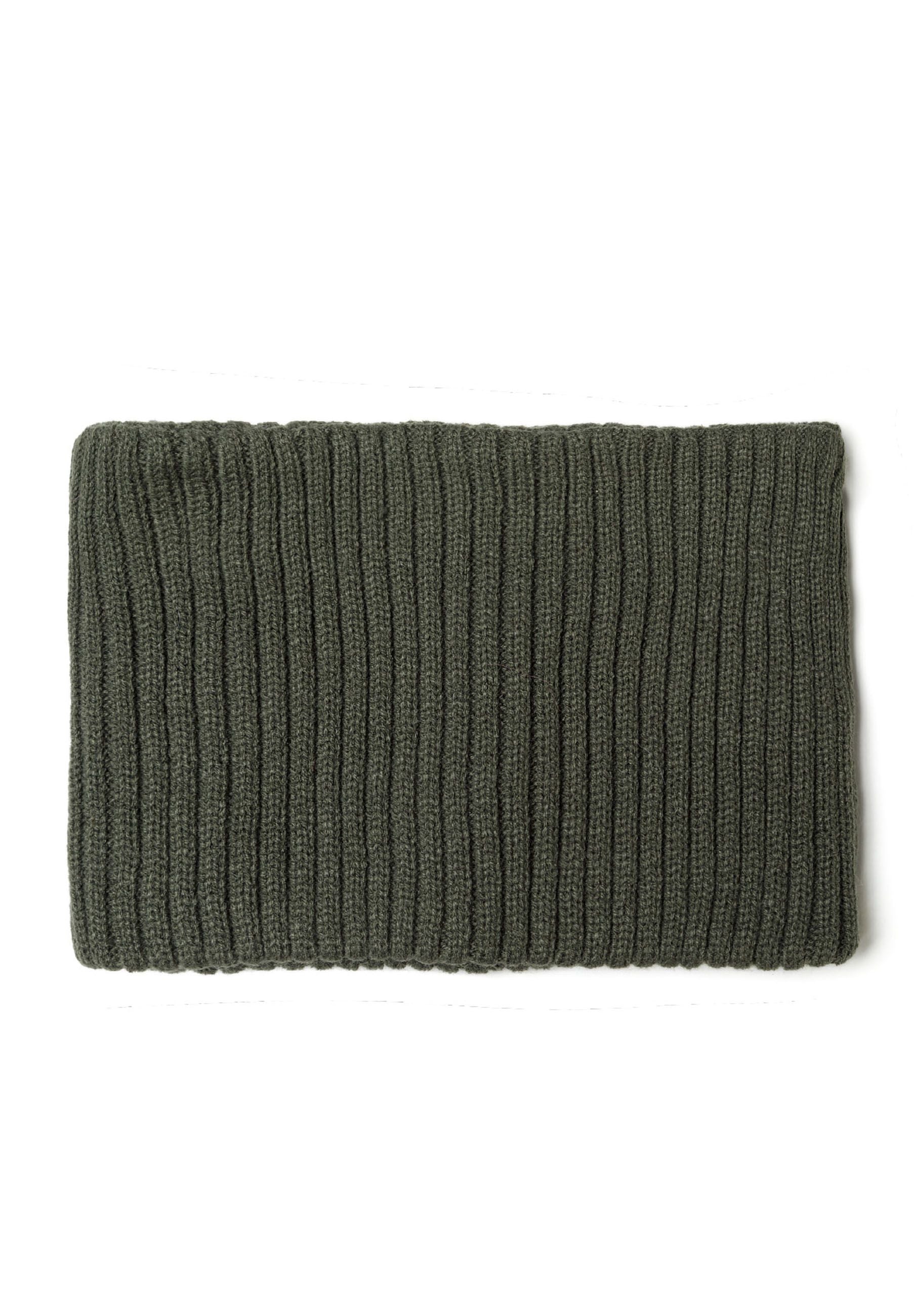 Detail of a knitted rib snood in khaki, designed for boys aged 2-14.