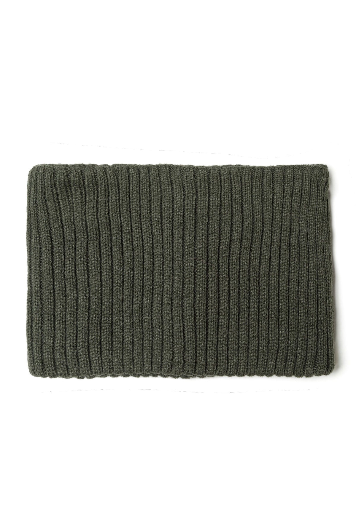 Khaki green hat and snood set, snood laid flat.