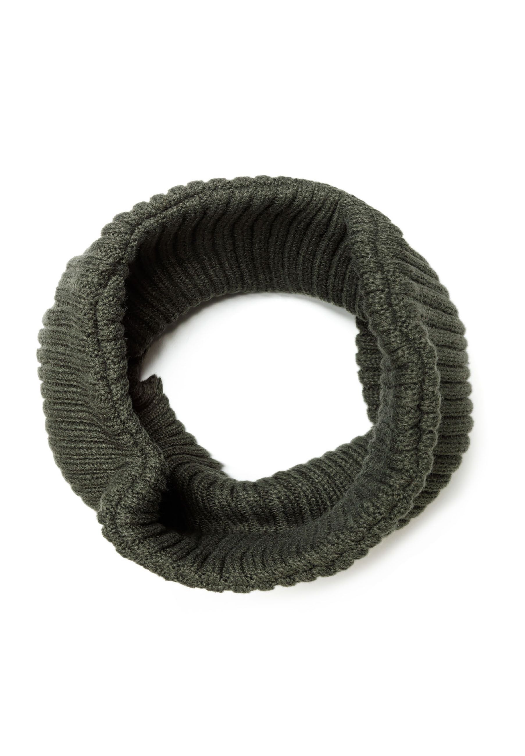 Detail of a khaki knitted rib snood for boys, featuring a textured design.