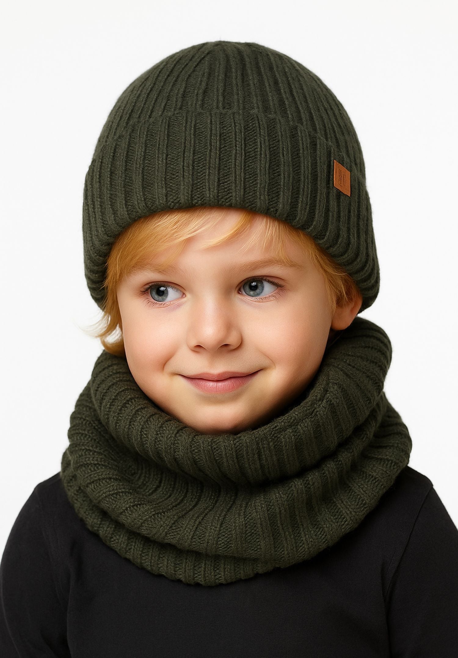 Boys knitted rib beanie and snood set in khaki, close-up view showing ribbed texture.