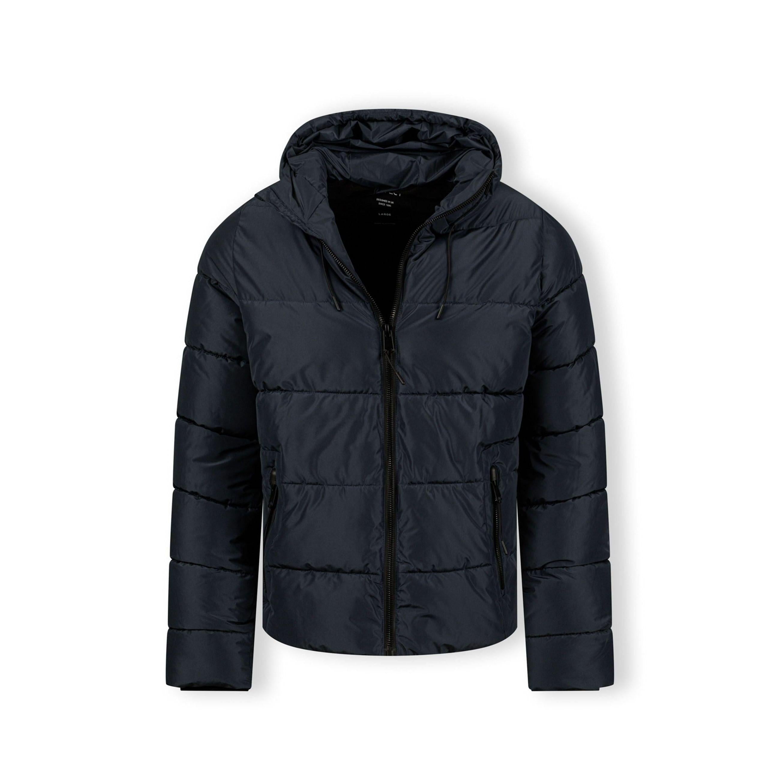 Close-up detail of navy jacket showing zip pocket with black zipper pull and quilted fabric texture