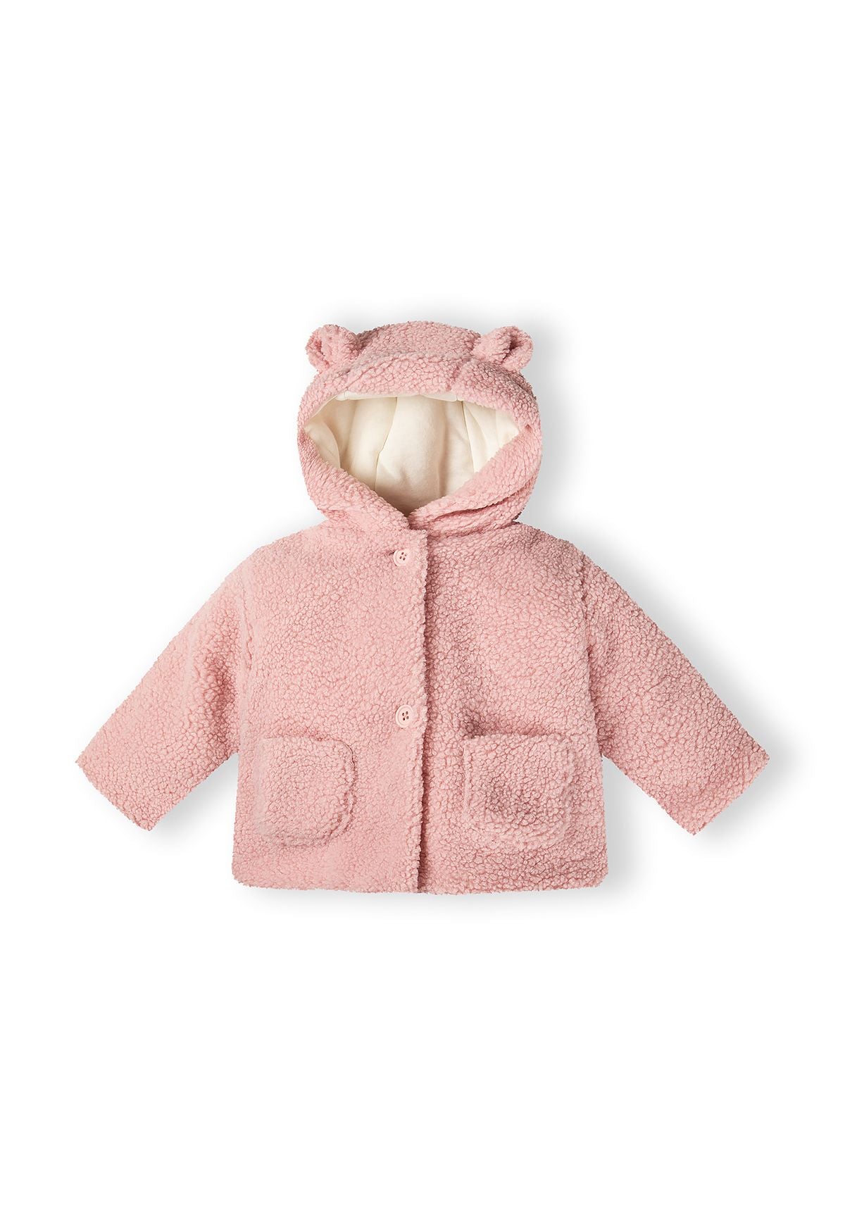 Girls teddy jacket in light pink, front view with hood and buttons, featuring two patch pockets.