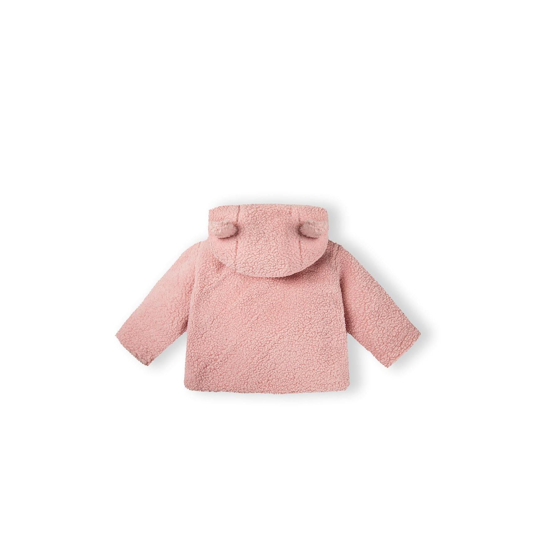 Close-up detail of pink teddy jacket showing button closure and cream jersey lining interior