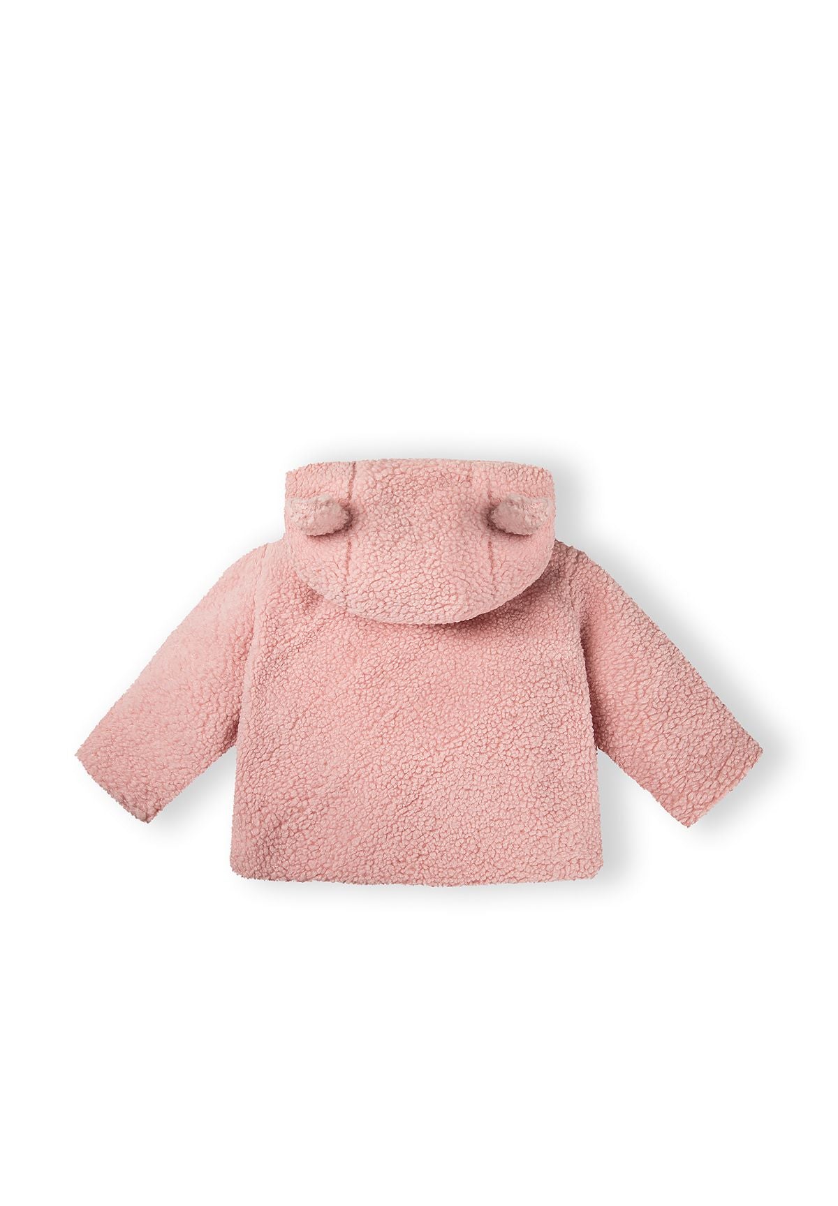 Back view of a light pink teddy baby jacket with a hood and buttons.