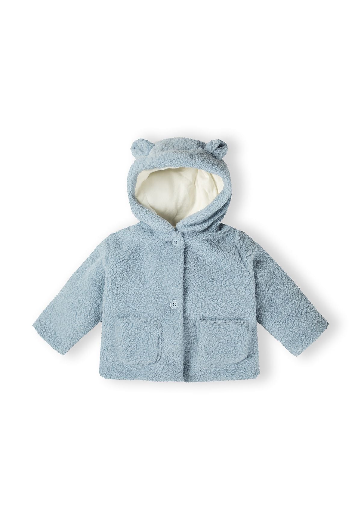 Boys teddy baby jacket in light blue, front view with hood and button closure, featuring two patch pockets.