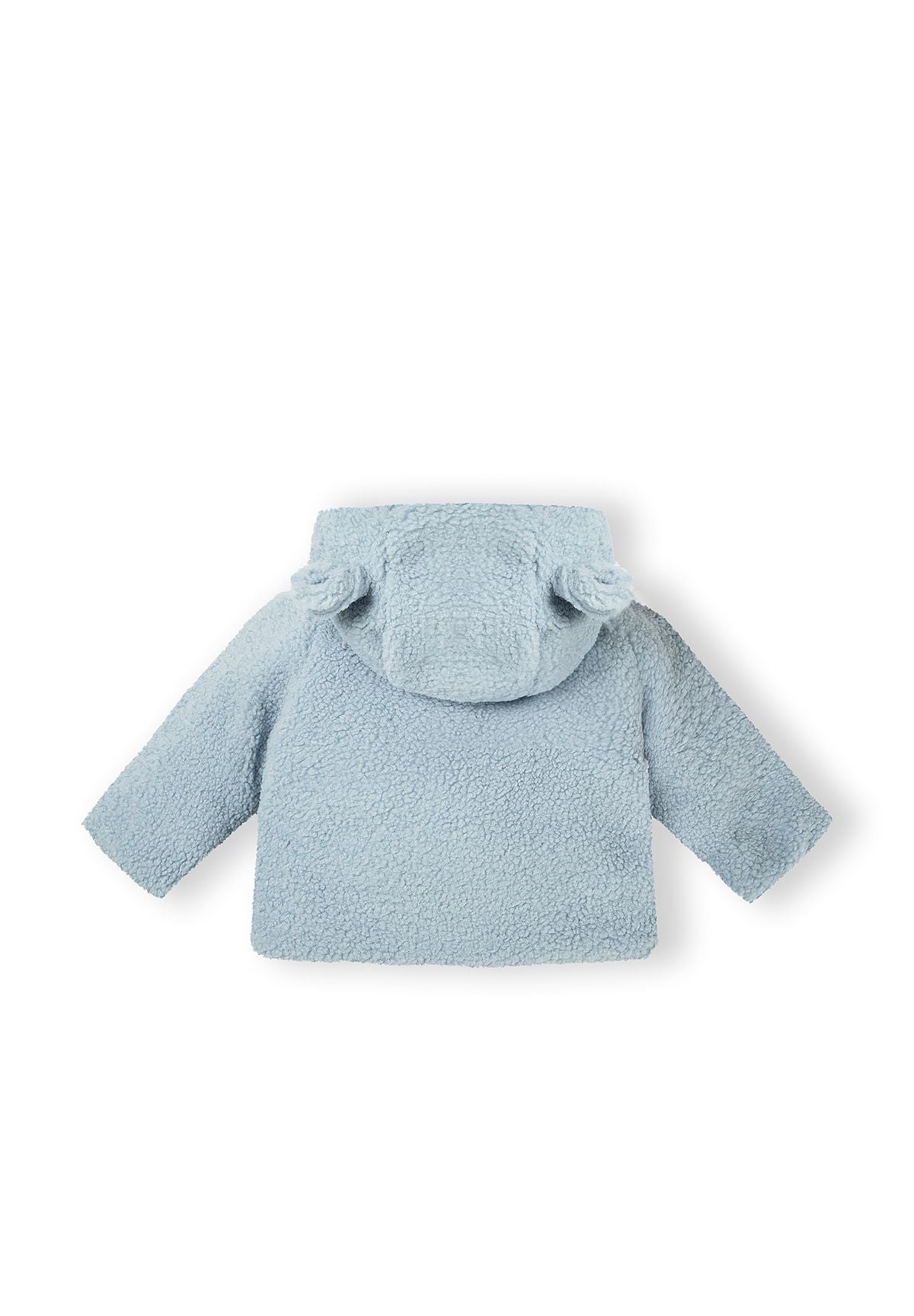Back view of a light blue teddy baby jacket with a hood and button closure.
