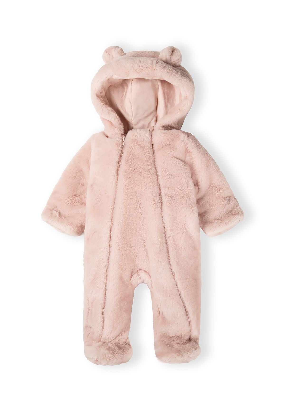 Light pink faux fur snowsuit with double zip and hood, featuring 3D ears.