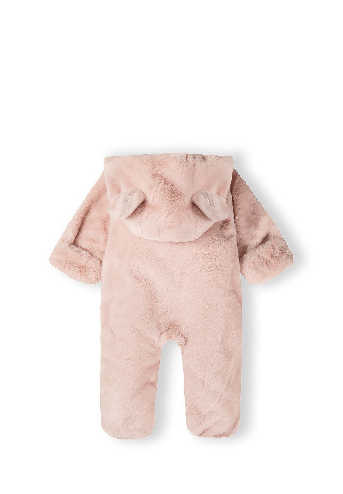 Back view of a girls light pink faux fur snowsuit with 3D ears and attached hood.