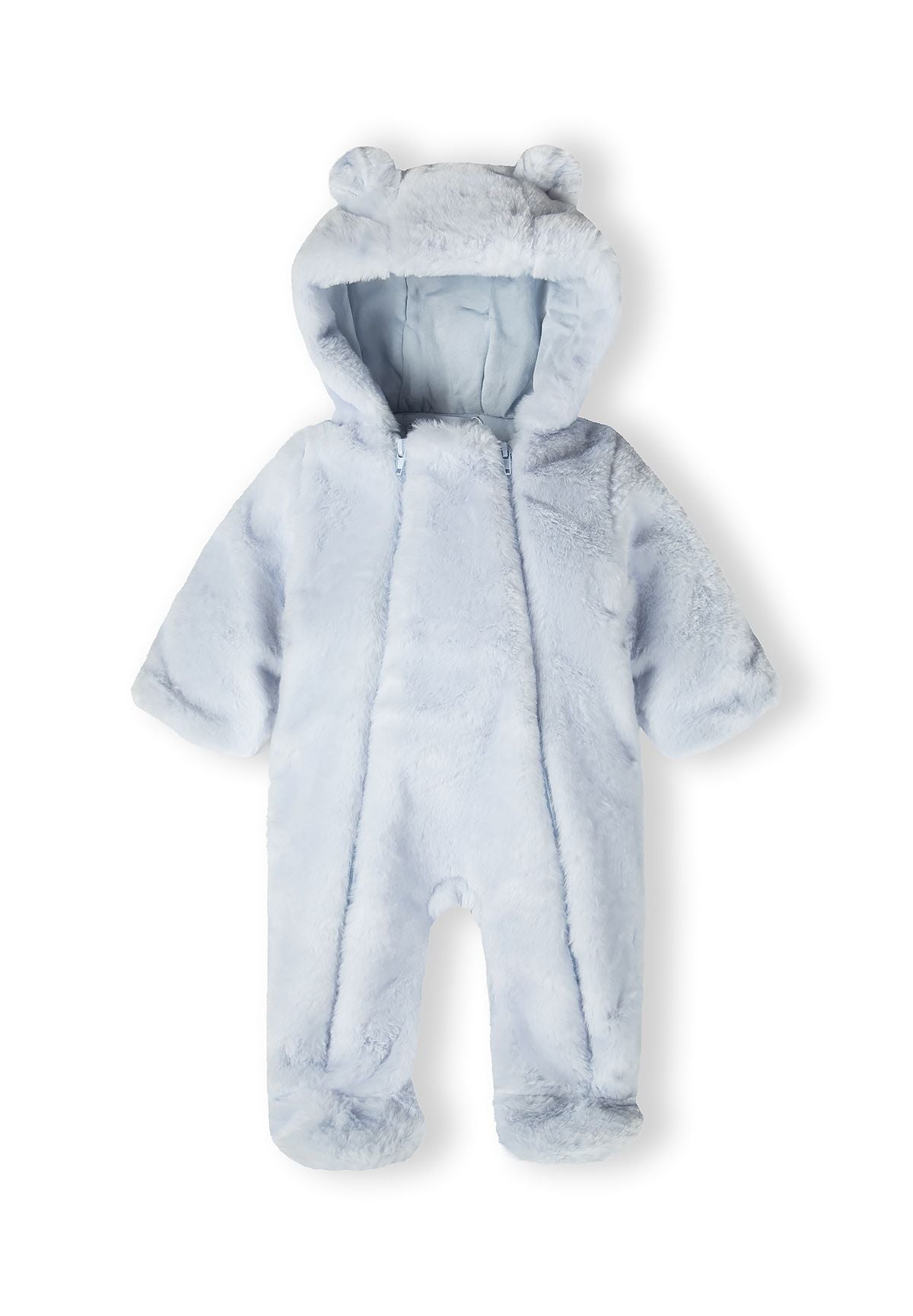 Light blue faux fur baby snowsuit with 3D ears on hood displayed flat on white background