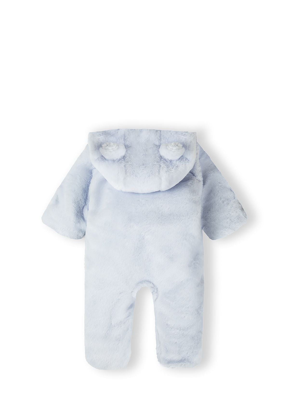 Close-up detail of light blue snowsuit showing Minoti brand label and zip opening with cotton lining