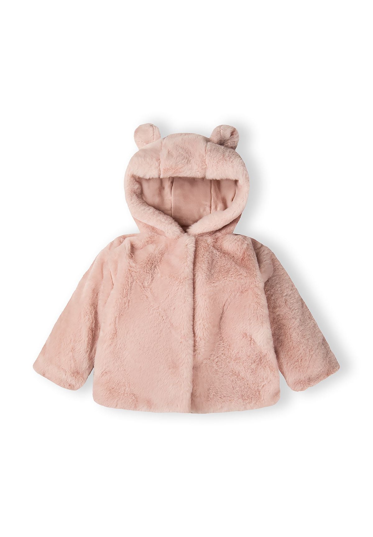 Girls baby jacket in light pink with bear ears, front view.