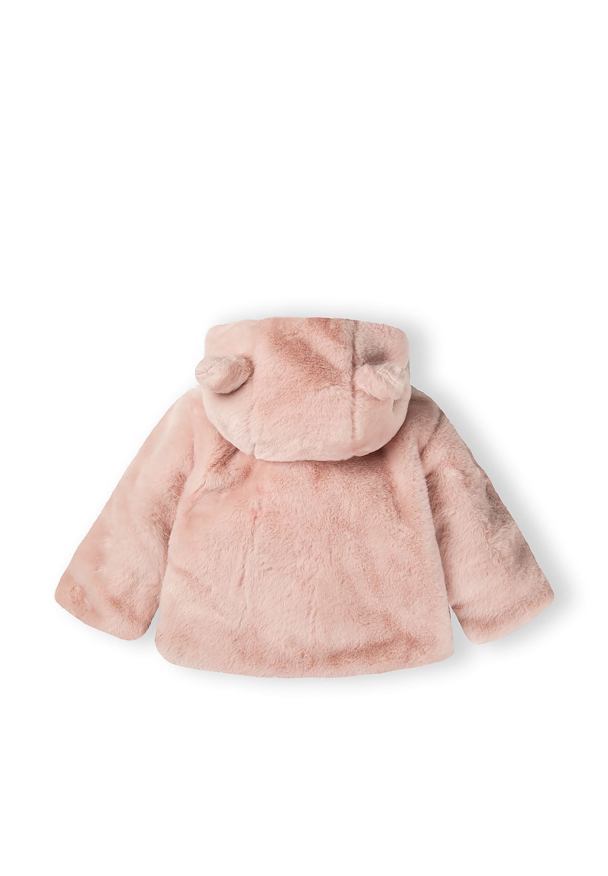 Back view of a light pink baby jacket with bear ears and a soft faux fur exterior.