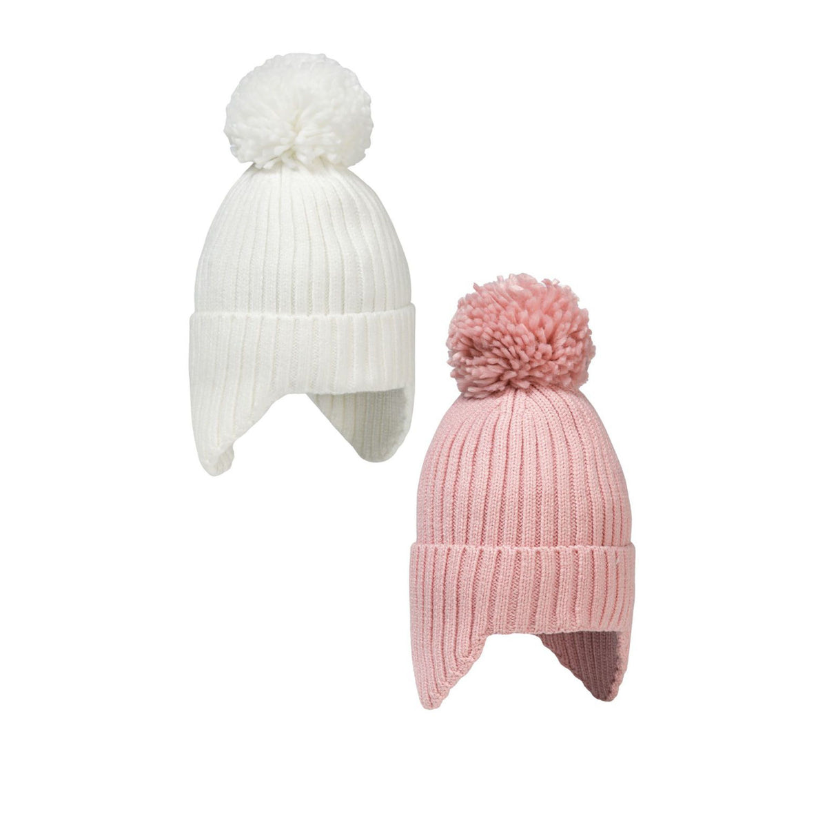 Girls' bobble hat with ear flaps 2-pack in cream and pink — complete product view for square Shop card