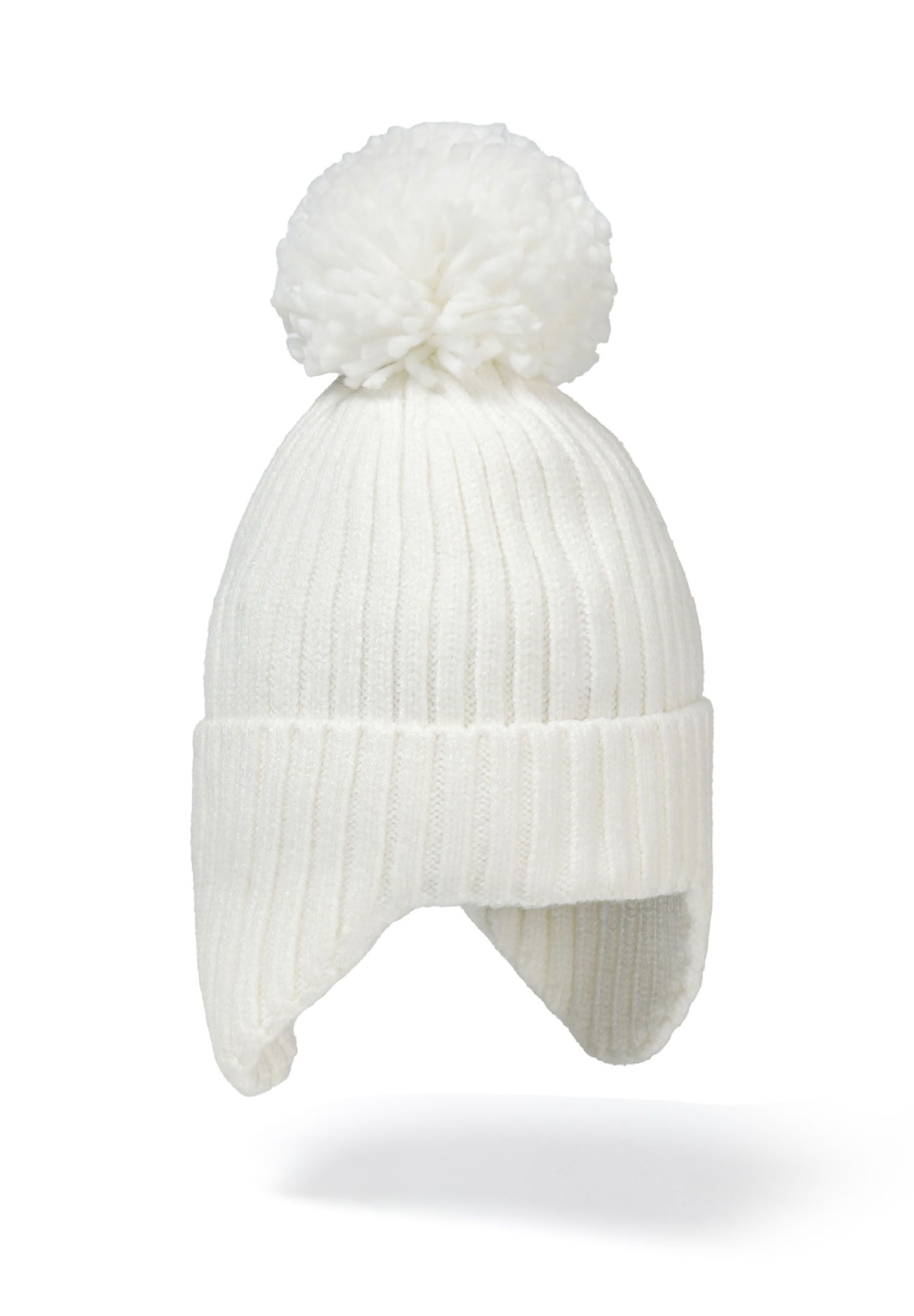 Cream ribbed knit hat with pompom, front view, extended ear flaps.