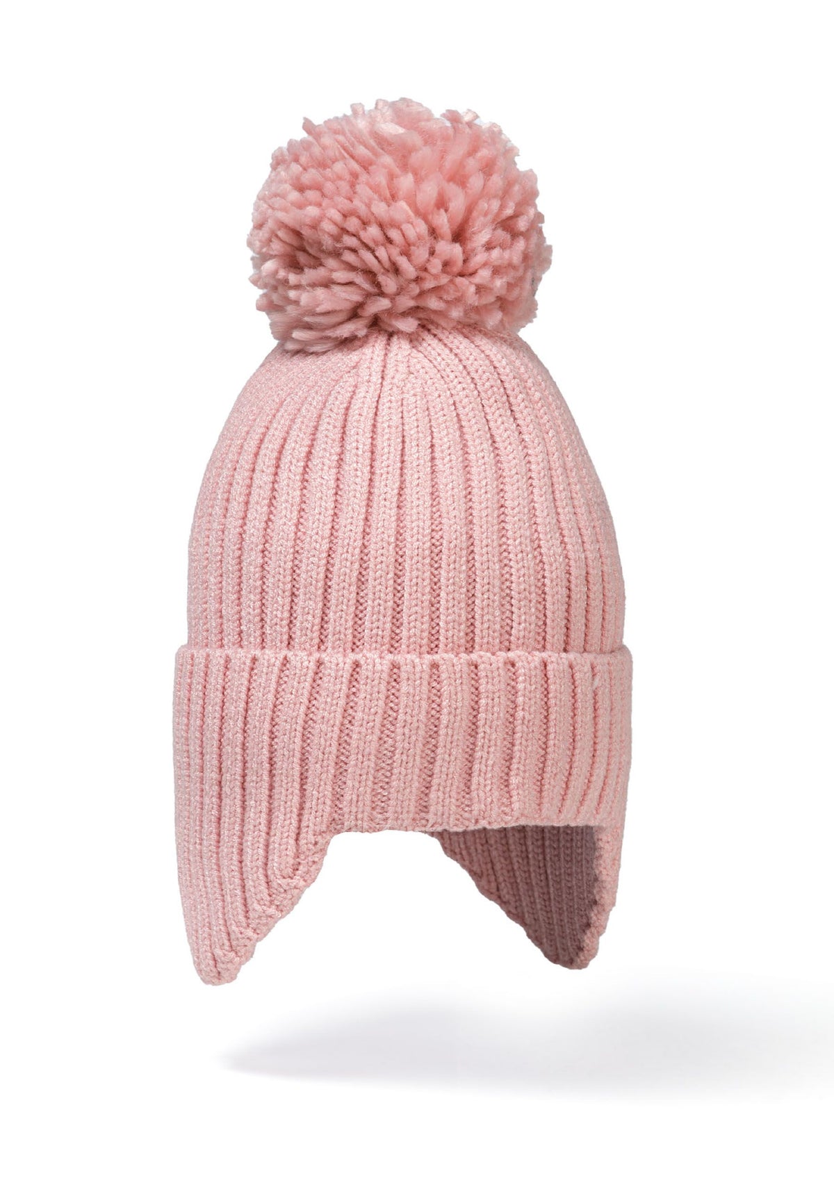 Cream and pink bobble hat with ear flaps, pink hat front.