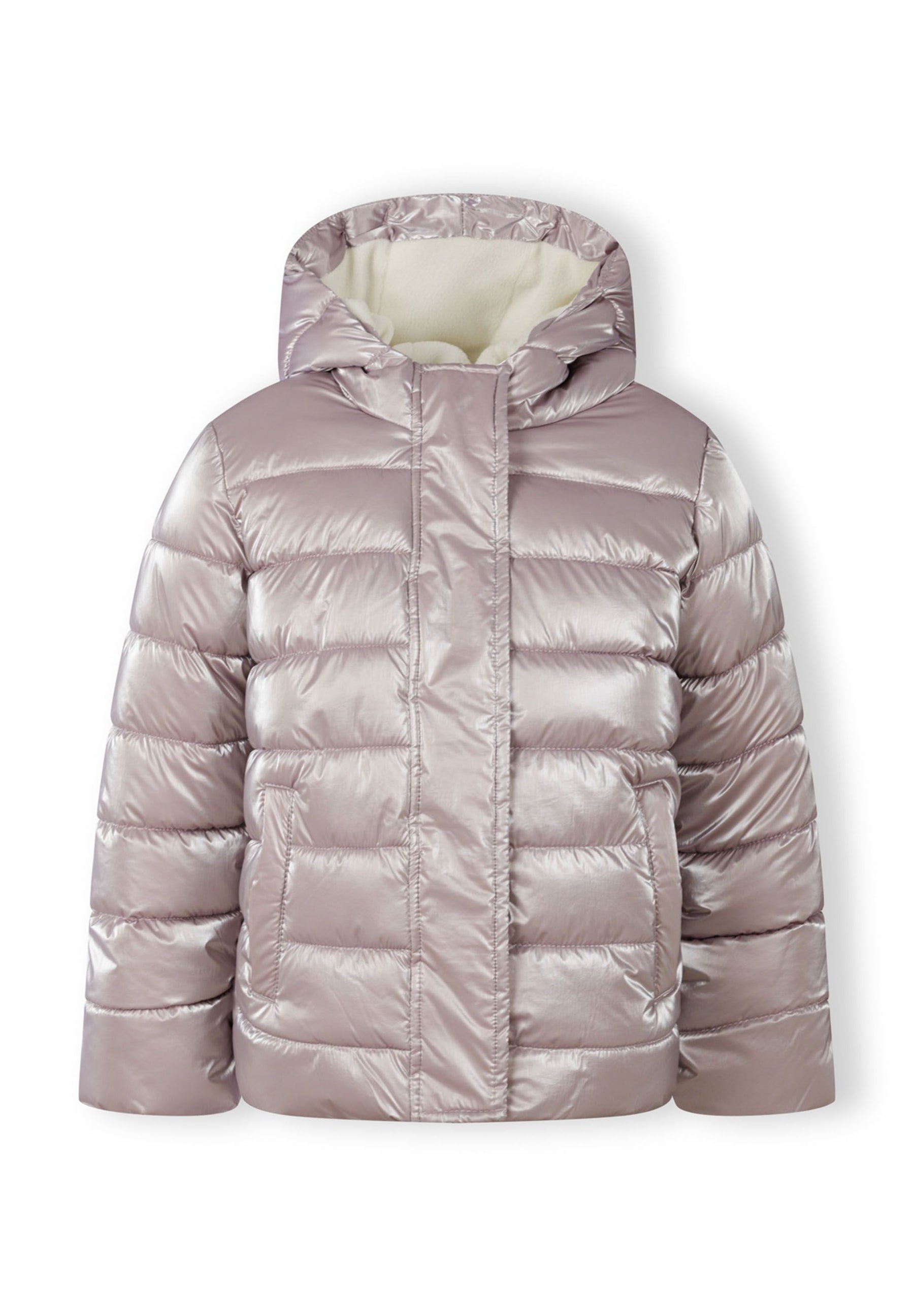 Girls padded winter jacket in lilac, front view with hood and zipper.