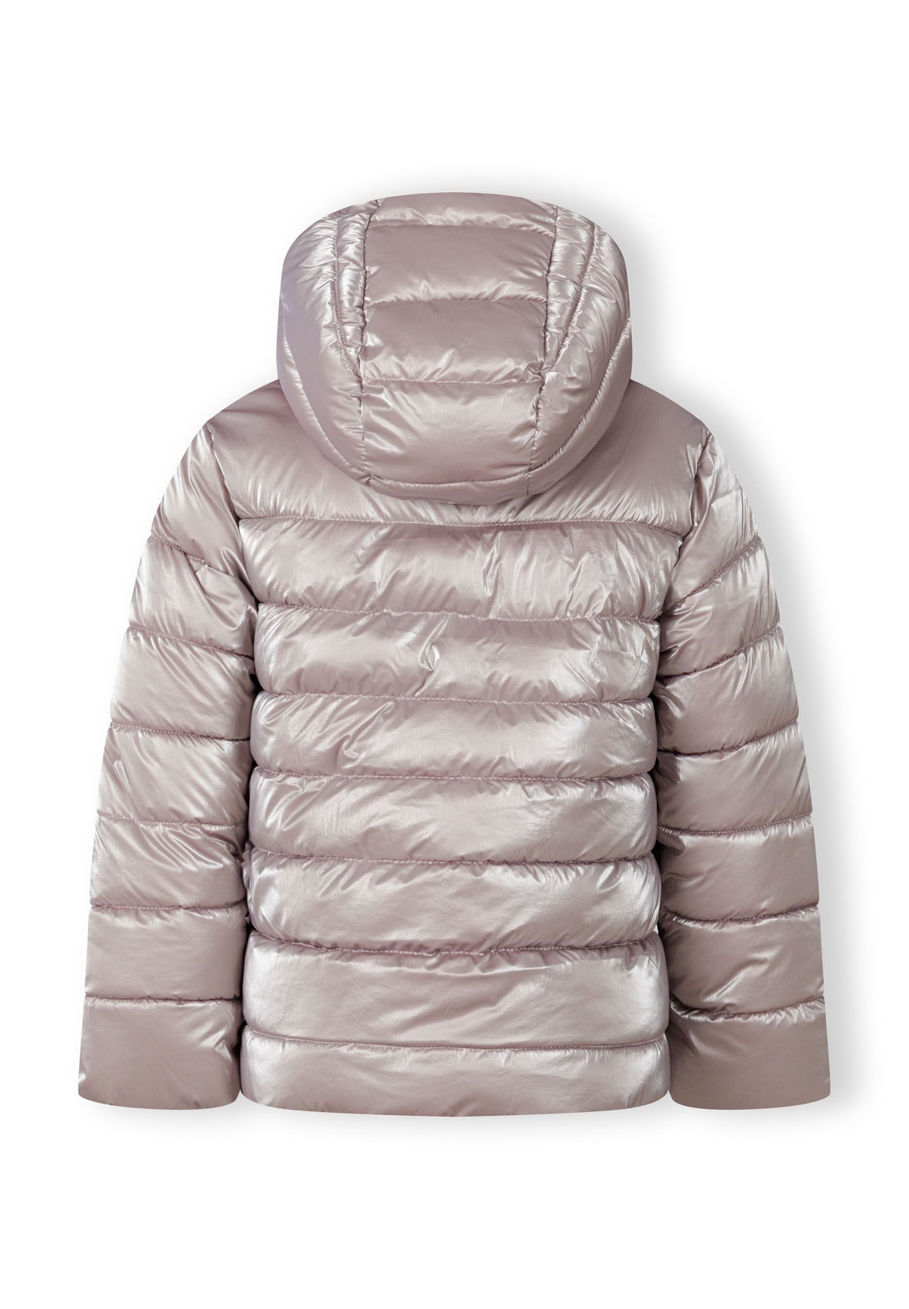Back view of a lilac padded winter jacket with a hood and quilted design.
