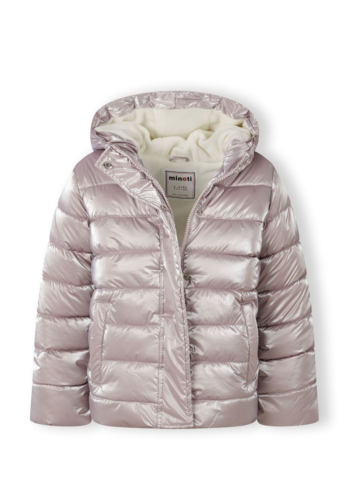 The light mauve puffer jacket shown open to reveal the inside.