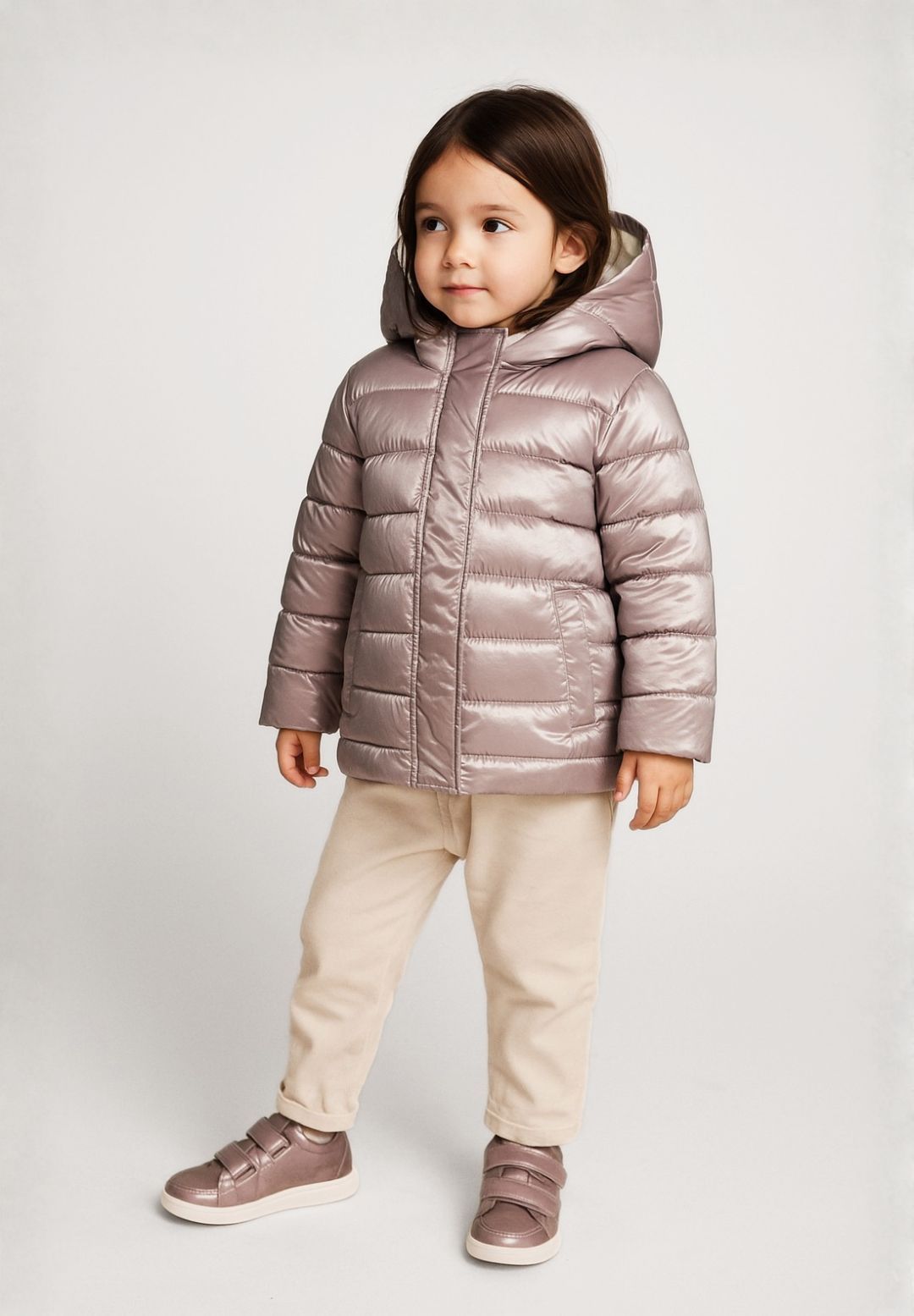 Girls padded winter jacket in lilac, front view with hood and zipper.
