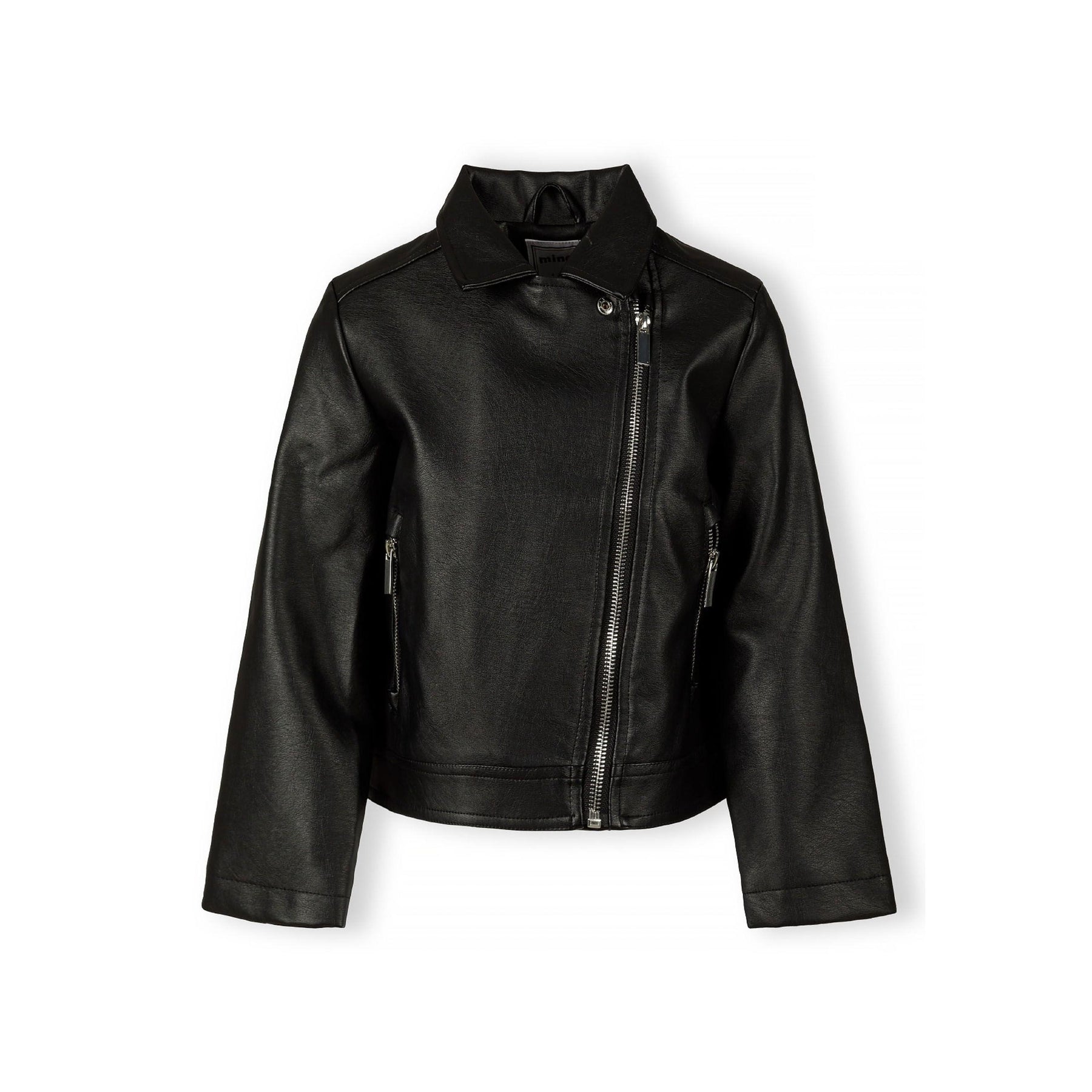 Back view of black faux leather biker jacket showing structured silhouette and seam details on white background