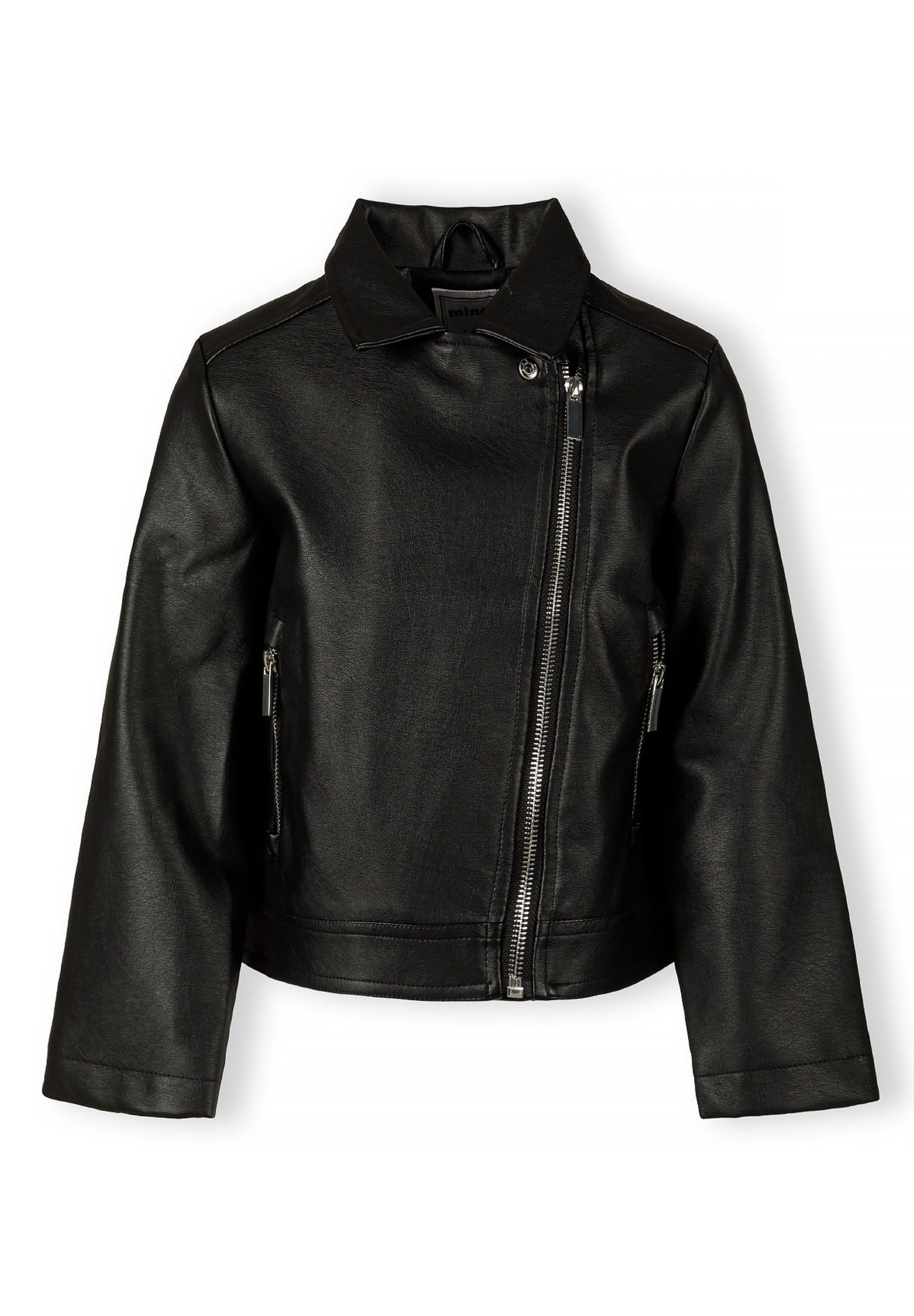 Girls biker jacket in black, front view with silver zip and two zipped pockets.