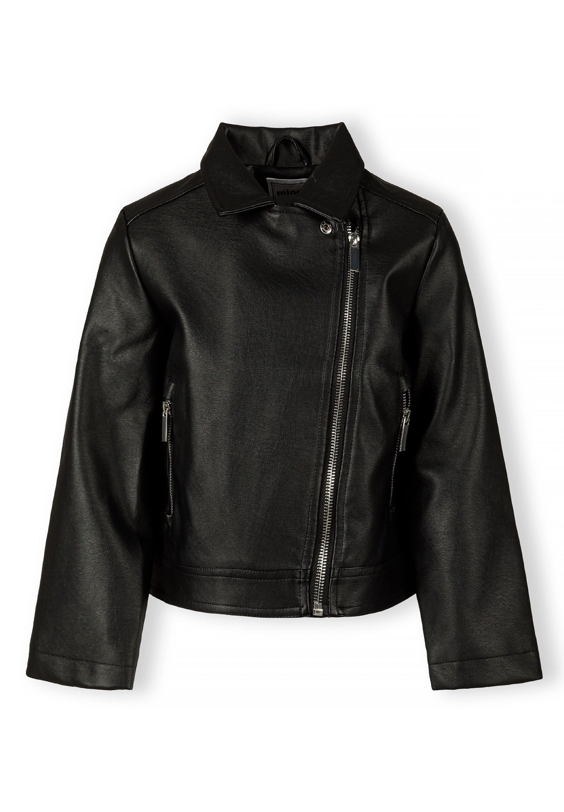 Girls biker jacket in black, front view with silver zip and two zipped pockets.