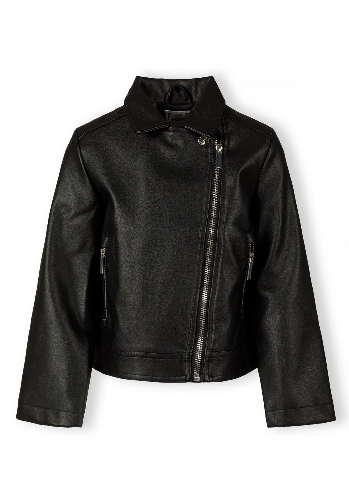 Front of a black biker jacket.
