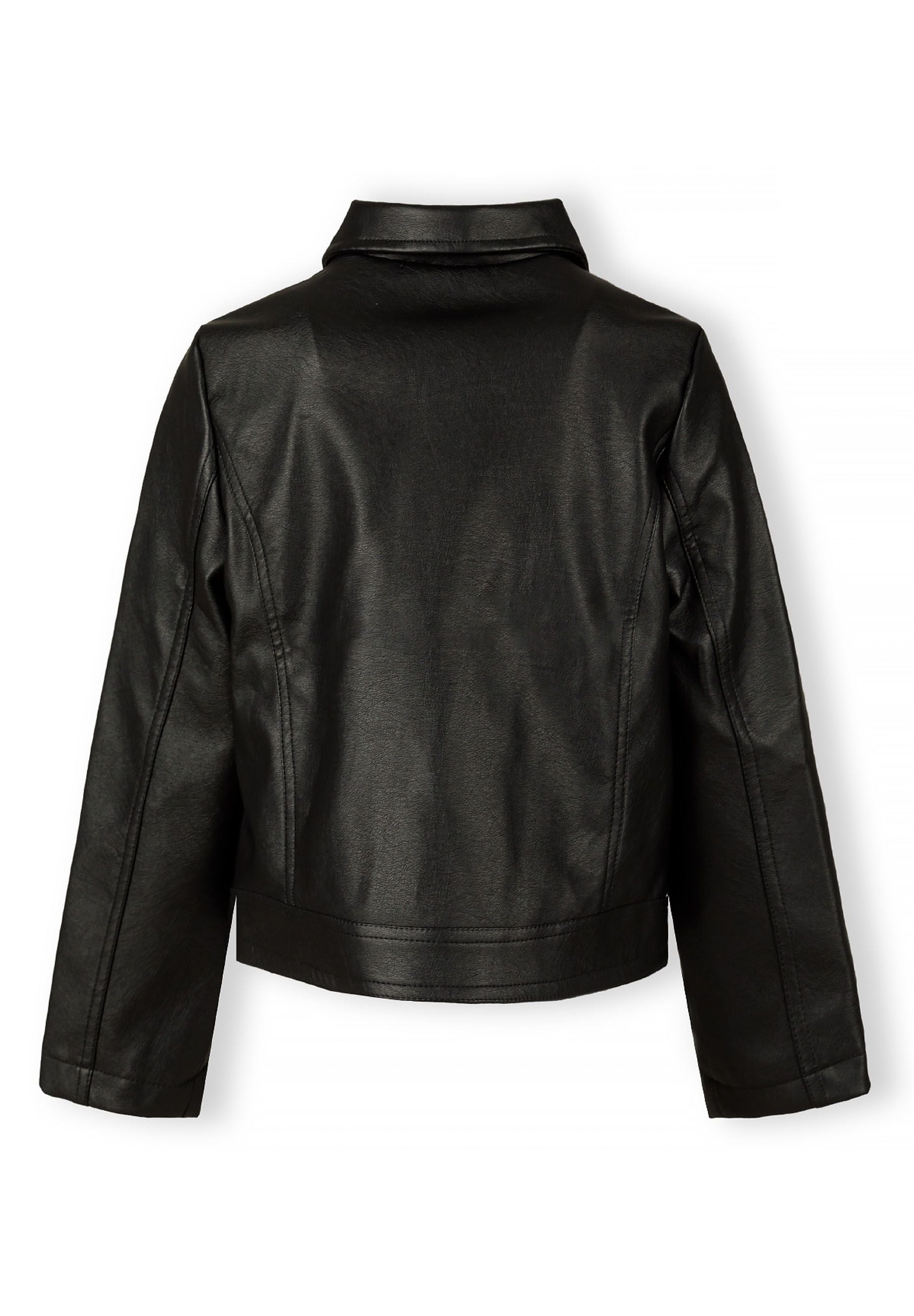 Back view of a black girls biker jacket with a lapel collar and structured cut.
