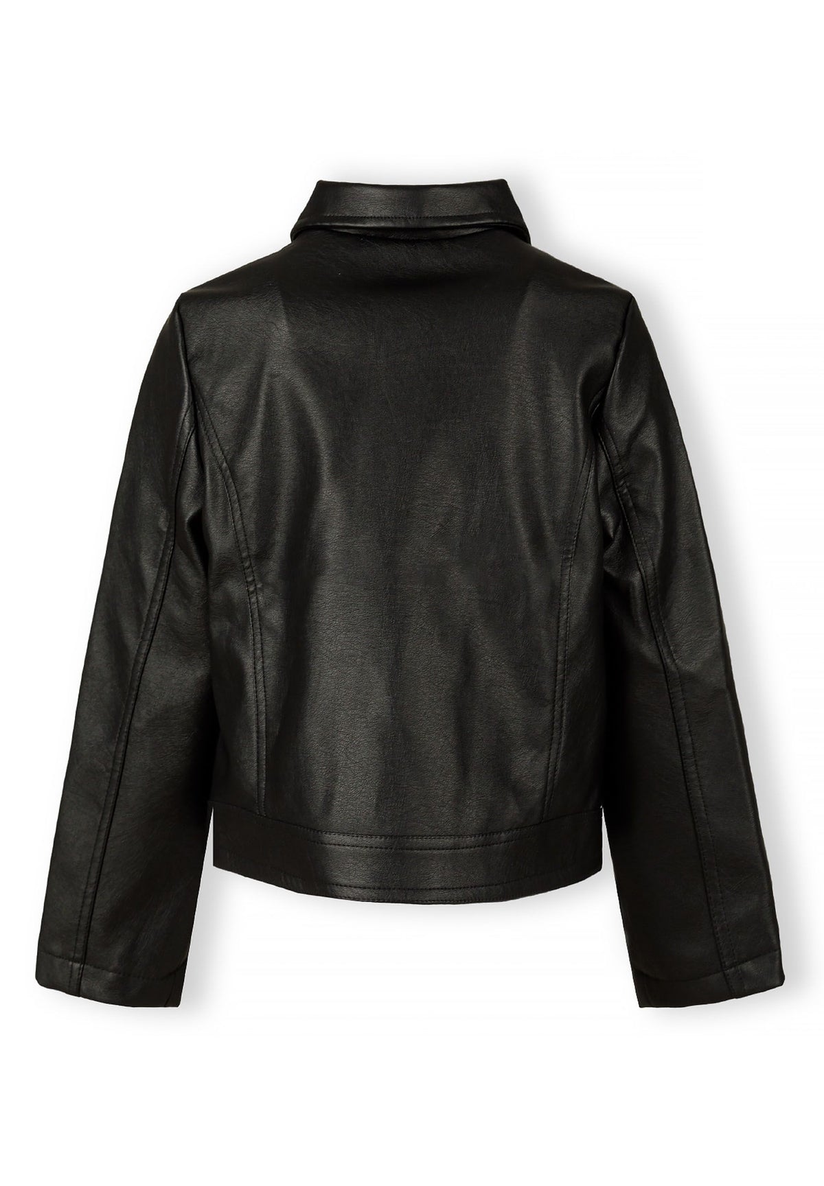 Back of a black biker jacket.