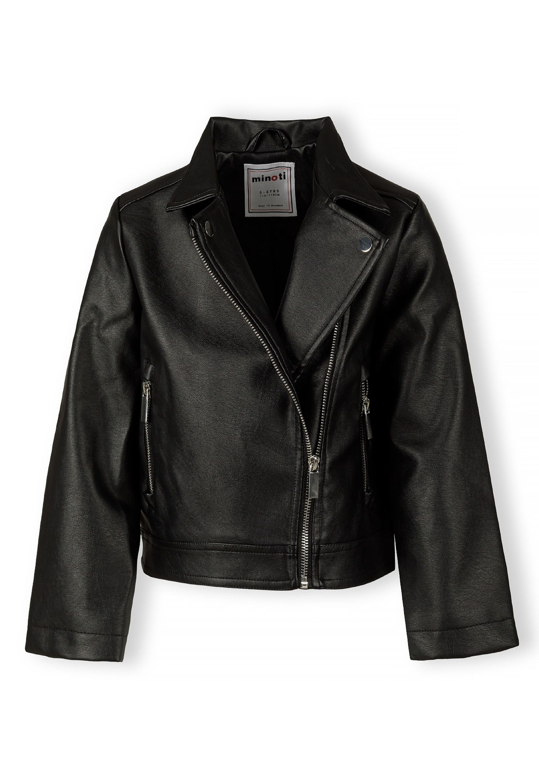 Girls biker jacket in black, front view with silver zip and two zipped pockets.