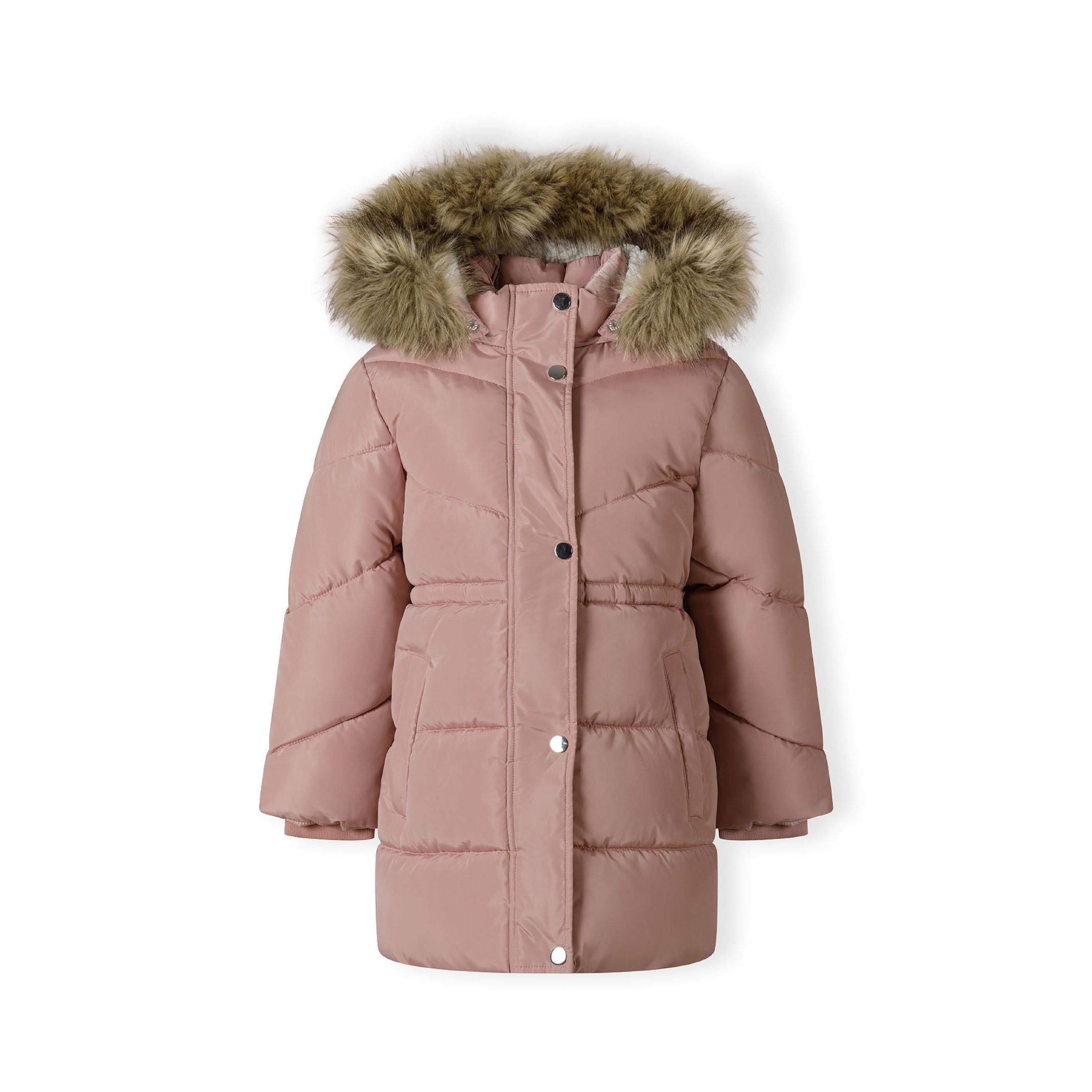 Front view of dusty pink quilted winter coat with hood up showing brown faux fur trim and Minoti label inside
