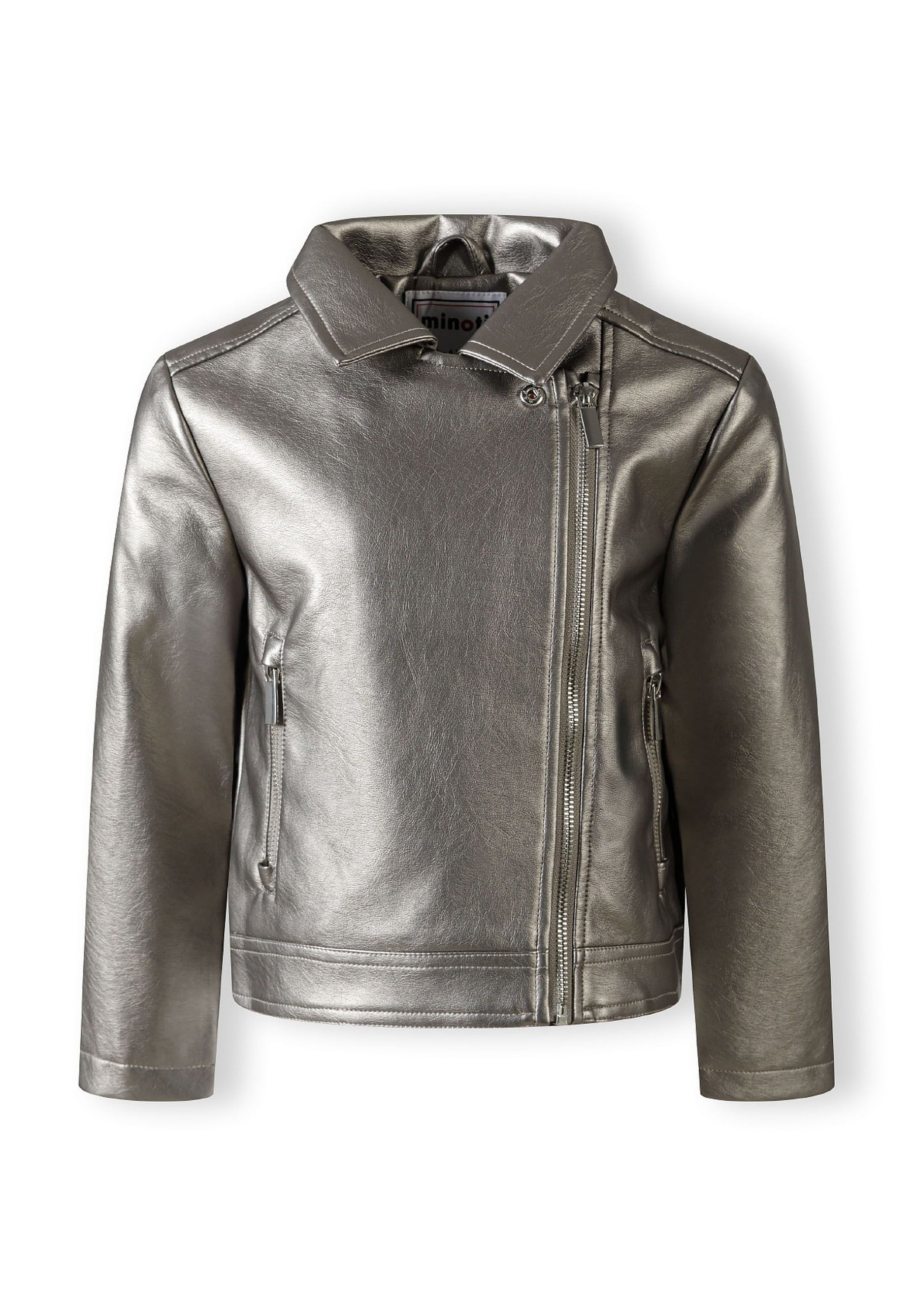 Girls biker style jacket in silver, front view with zipped pockets.
