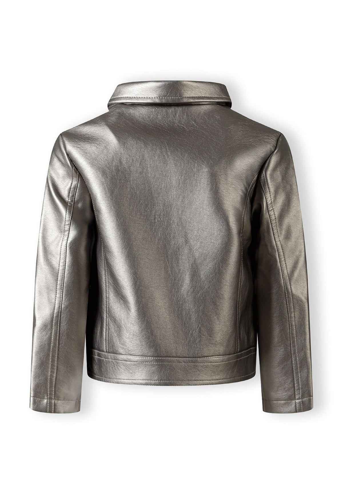 Back of a silver biker jacket.