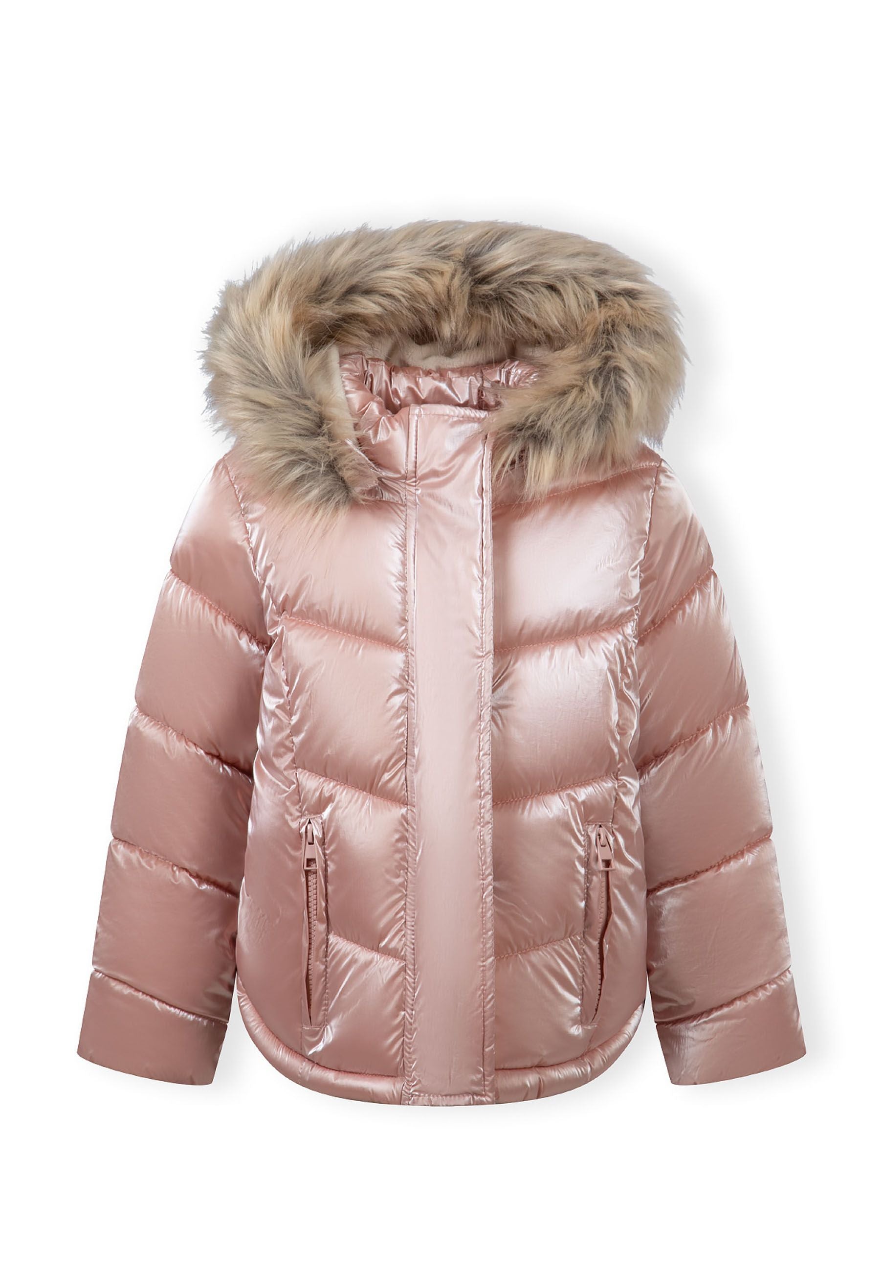 Piumino Trapuntato, Rosa Metallizzato, Cappuccio Pelliccia