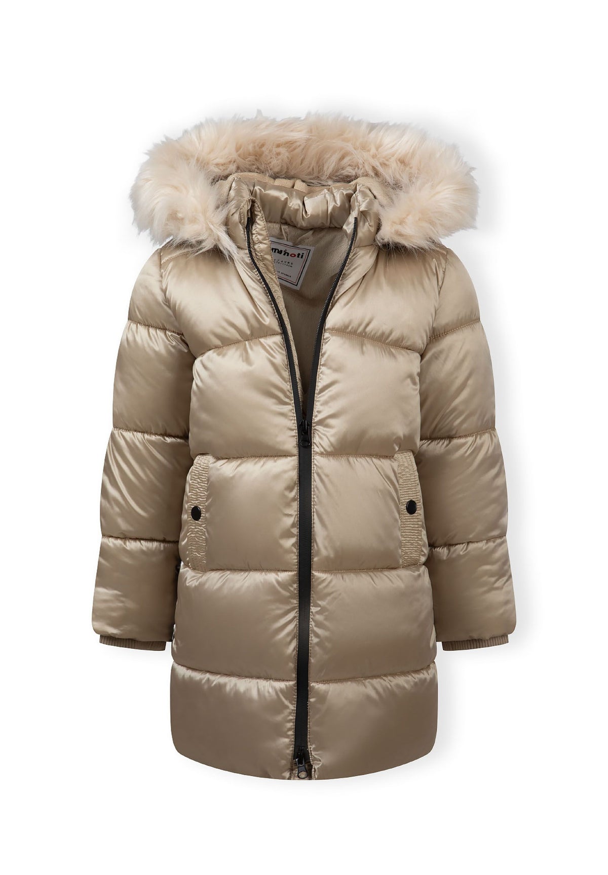 Gold puffer coat partly unzipped at the neck, showing its lined hood and two black-snap pocket tabs.