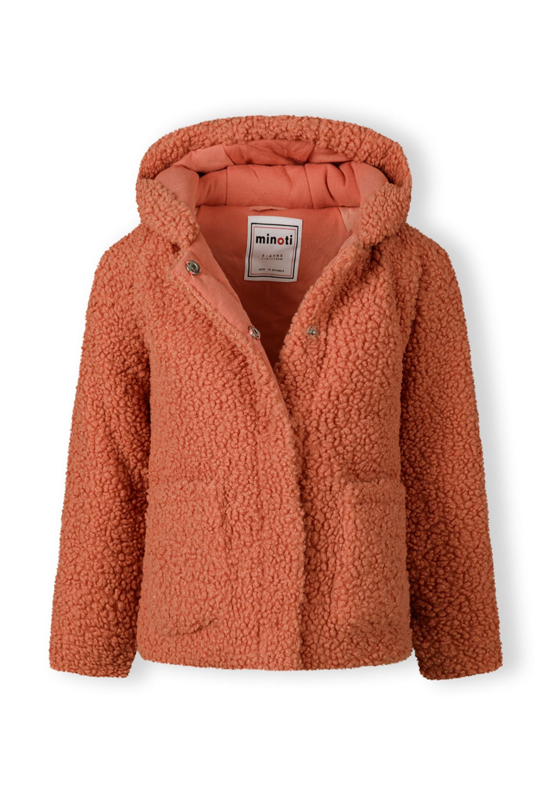 Girls teddy fleece jacket in soft pink with hood, front view, features two patch pockets.