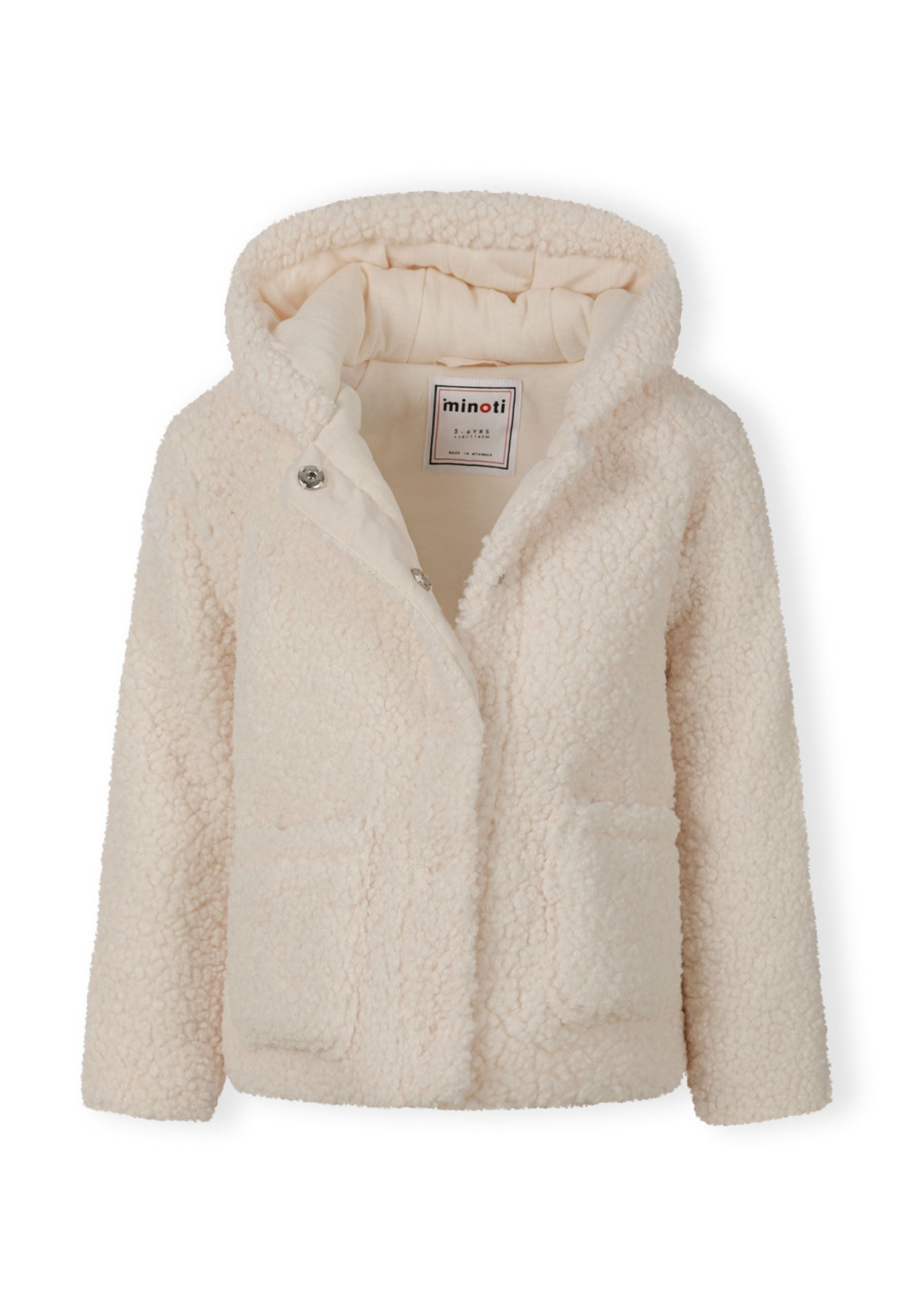 Girls teddy fleece jacket in cream, front view with hood and two patch pockets.