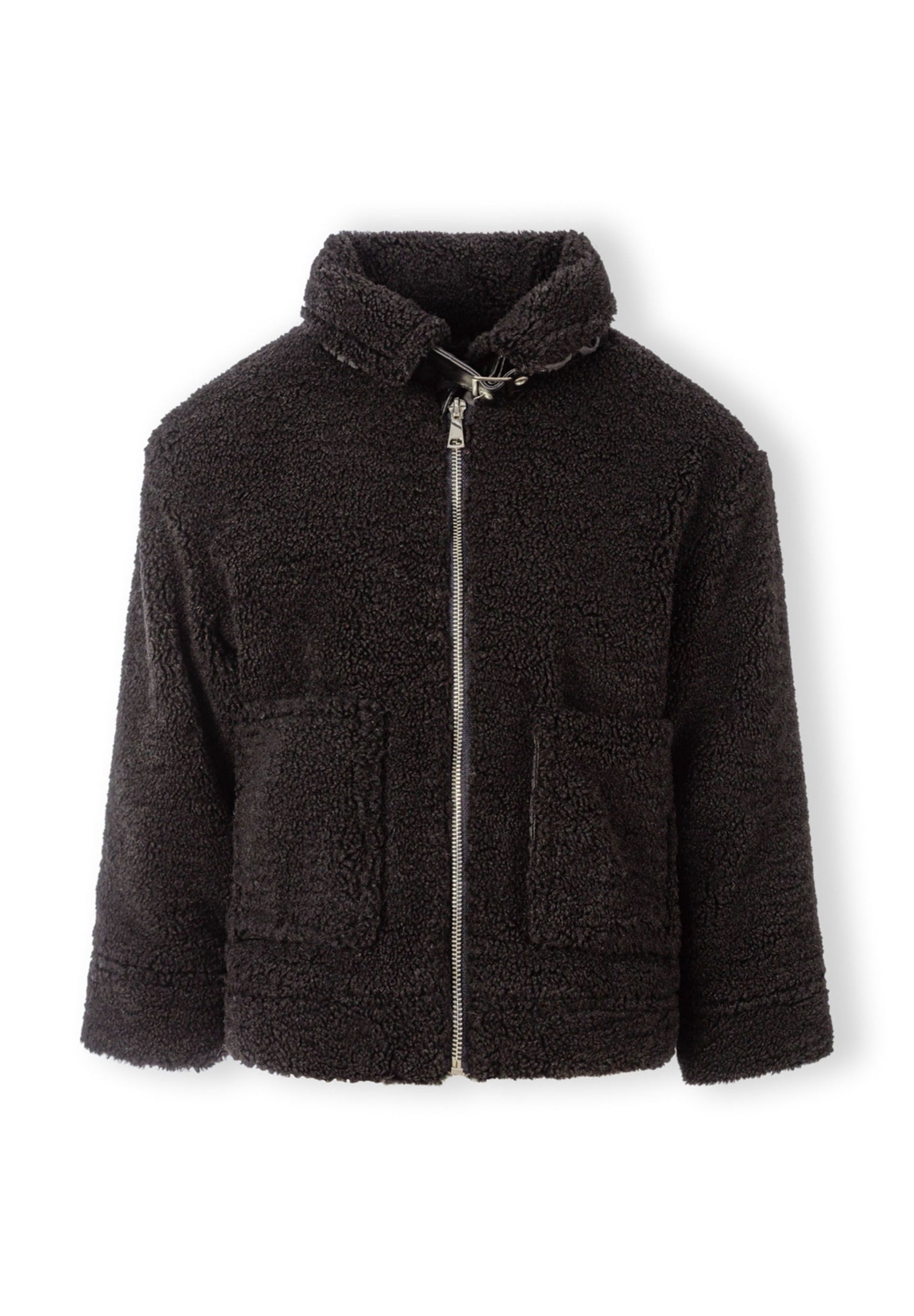 Girls teddy borg transitional jacket, black, front view with zip and large pockets.